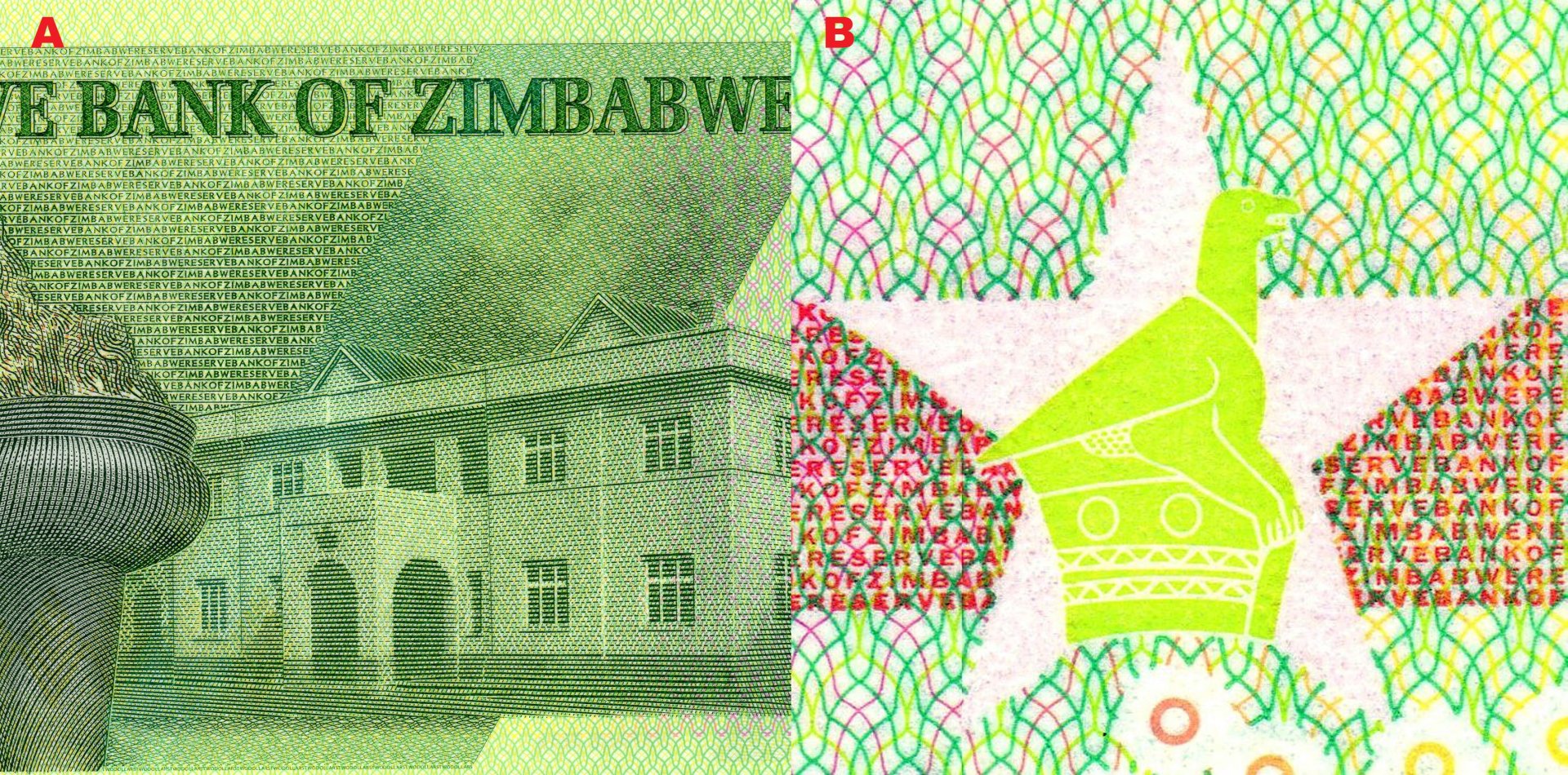 5. A) Hlavní motiv reverzu je budova parlamentu Zimbabwe v Harare B) Soutisková značka ve tvaru hvězdy s vloženým obrazem „kamenného ptáka Zimbabwe“.