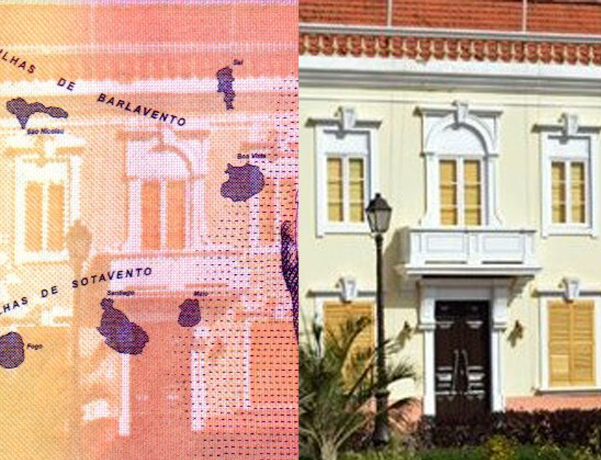 Obrázek 4 A) Část vstupní fasády prezidentského paláce v Praia, ostrov Santiágo, ve výřezu aversu bankovky P-75. B) Fotografická předloha (výřez). Autor: ND, převzato z: http://atlantico-weekly.com /2012/08/