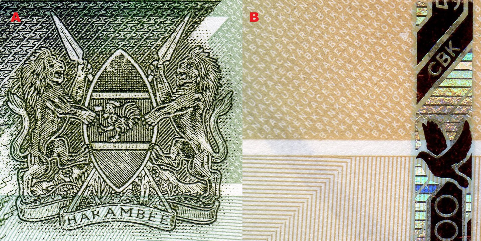 1. A) Státní znak Keni, skutečné barvy erbu jsou označeny šrafováním podle heraldických pravidel. B) Negativní mikropísmo (CENTRALBABKOFKENYA a BANKIKUUYAKENYA) a detail bezpečnostního proužku.