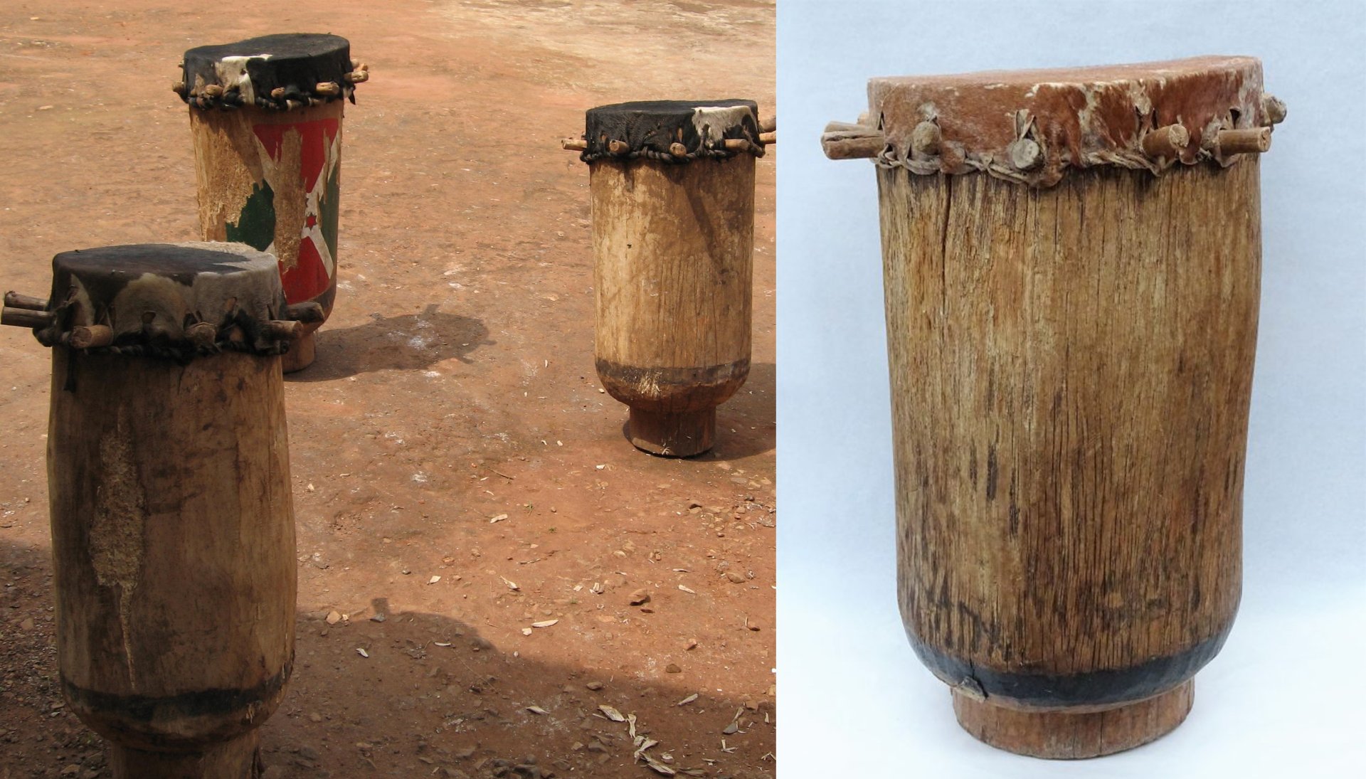 2 A) Skupina doprovodných bubnů z oblasti Gitega (výřez z fotografie). Převzato z: https://en.wikipedia.org/wiki/Karyenda   B) Buben Karyenda. Převzato z: https://musicaparaver.org /instruments/type/cylinder-drum/origin/africa