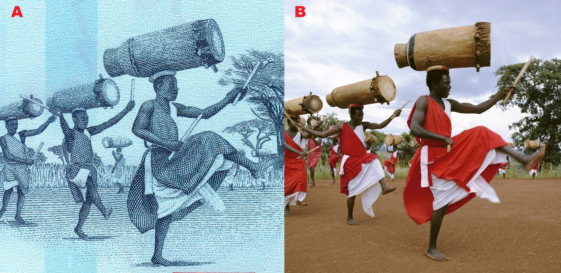 1 A) Výřez z averzu bankovky P-53 B) Možná fotografická předloha motivu bubnujících a tančících bubeníků „Abatimbo“. Převzato z: https://alchetron.com/Royal-Drummers-of-Burundi. Autor: Kennan Ward Photography.