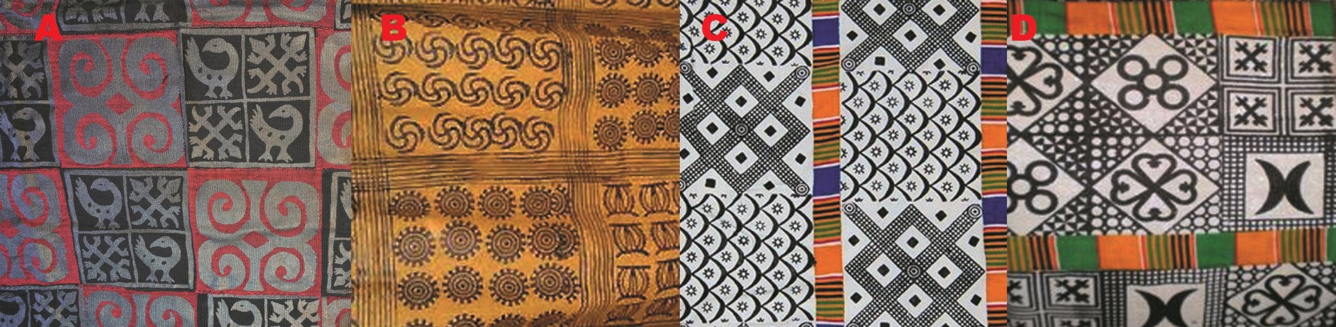 Obr.7 Jednotlivé konečné typy tisků adinkra: A) Mpakyiwa typ, B) Nhwimu typ (lineární značení), Převzato z: http://www.adrri.org C) Kente typ (sešito s pruhy textilie kente) Převzato z: britishmuseum.org, D) Nwomu typ (sešito s pruhy výšivek nwomu) Převza