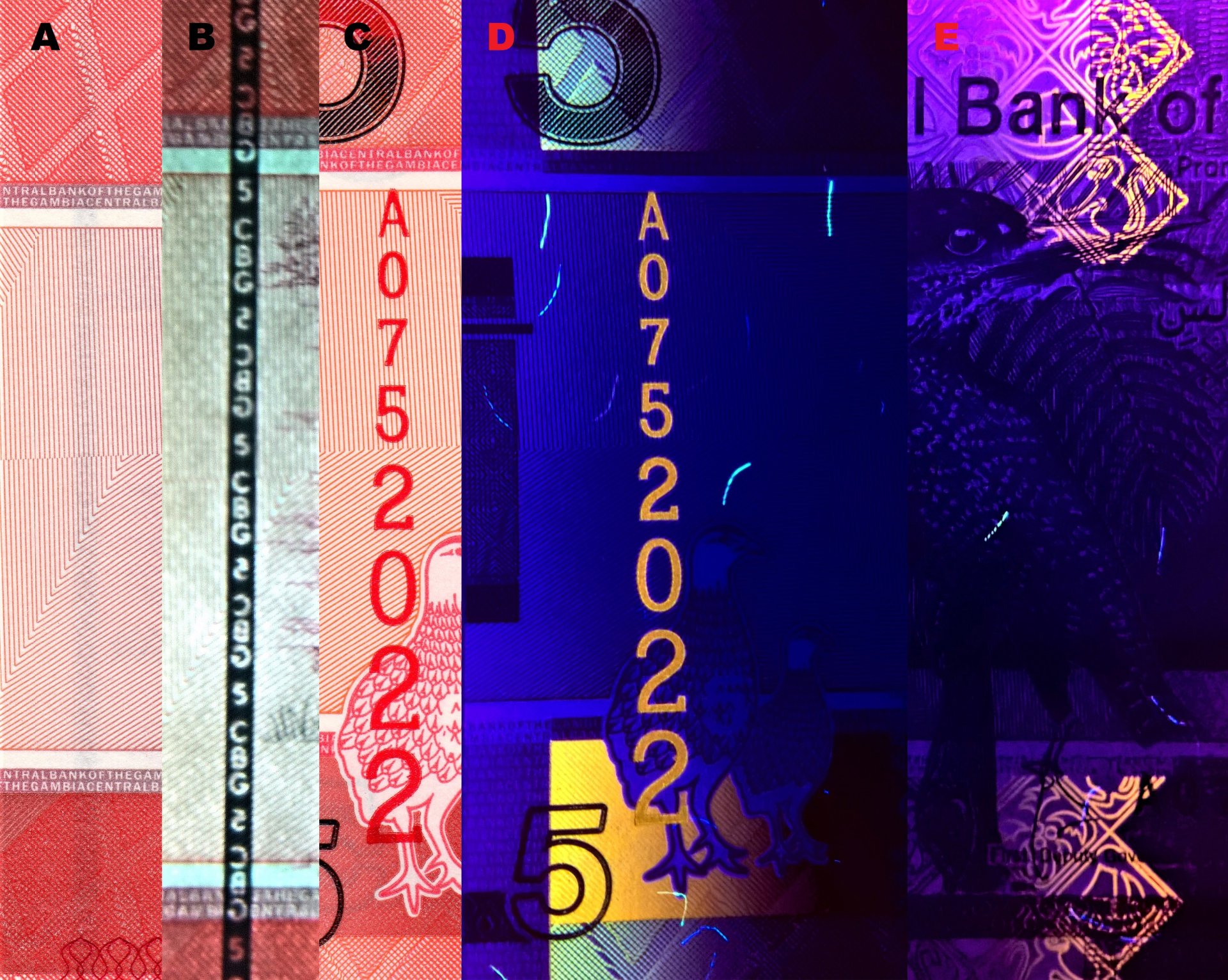 Obr.6 A) Vnořený kompaktní bezpečnostní proužek. B) Stejný proužek v protisvětle s demetalizovaným akronymem „CBG“ a nominálem „5“ v opozičním postavení. C) Červené vertikálně orientované ascendentní sériové číslo D) Pod UV nasvícením mění barvu na oranžo