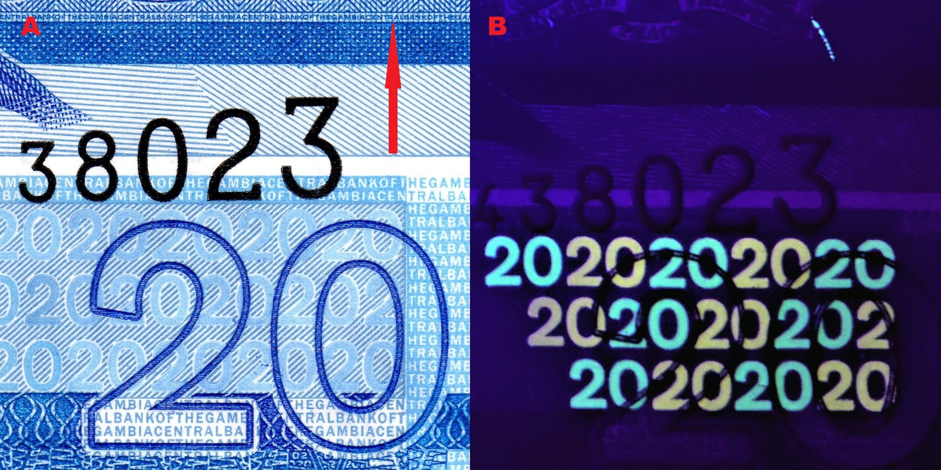 3. A) Detail pravého dolního rohu s pozitivním i negativním mikropísmem, šipka směřuje k dalšímu řádku pozitivního mikropísma. B) Tatáž lokalizace pod UV nasvícením.