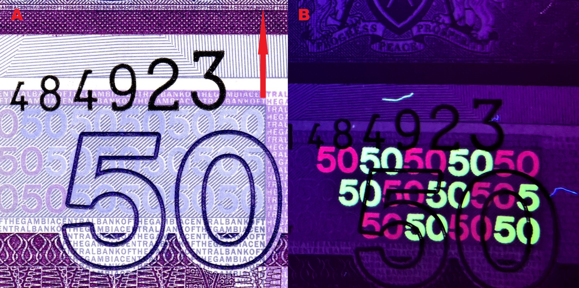 3. A) Detail pravého dolního rohu s pozitivním i negativním mikropísmem, šipka směřuje k dalšímu řádku pozitivního mikropísma. B) Tatáž lokalizace pod UV nasvícením.