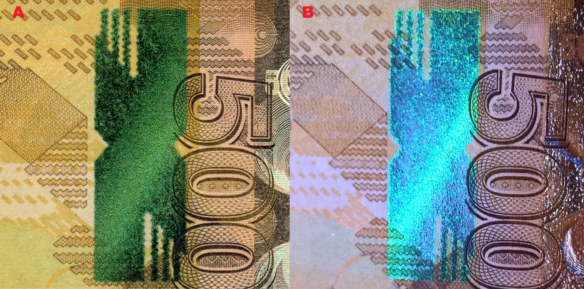 Obrázek 3. A) Pole s technologií MOVI při pohledu kolmo. B) Totéž pole při otáčení bankovky kolem vertikální osy. Změna barvy na modrou a šikmý pruh v pohybu.