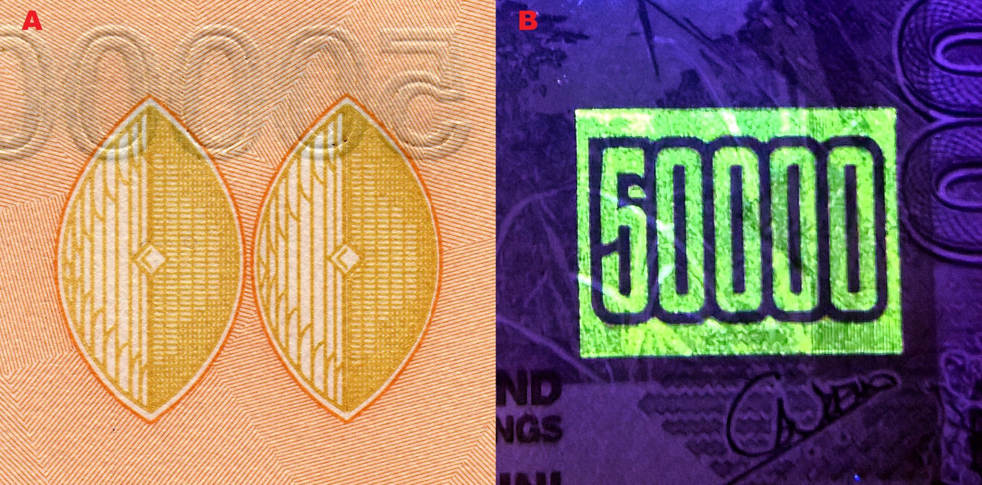 Obrázek 5. A) Soutisková značka ve tvaru dvou štítů "Ganda". B) UV nominální pole.