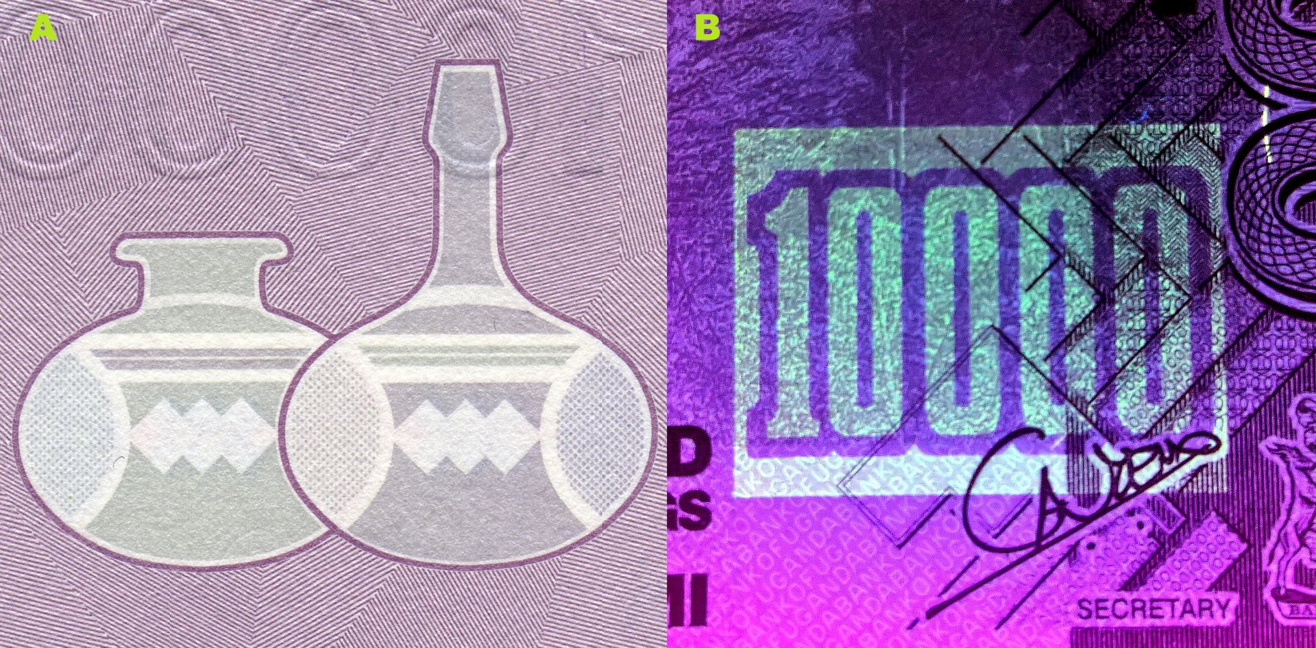 Obrázek 5. A) Soutisková značka ve tvaru dvou nádob z kalabasy. B) UV nominální pole na averzu bankovky.