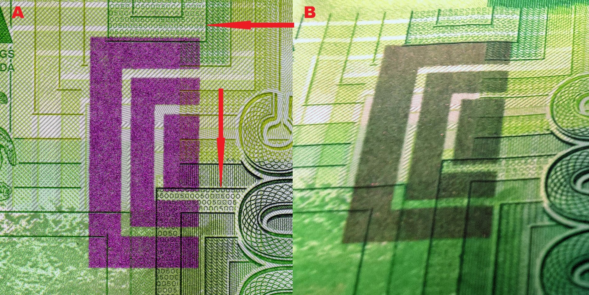 Obrázek 3 A) Pole vytvořené technologií OVI při kolmém pozorován, šipky označují políčka s pozitivním mikropísmem B) Při pozorování pod úhlem 45° je zachycena změna barvy z fialové na tmavě zelenou.