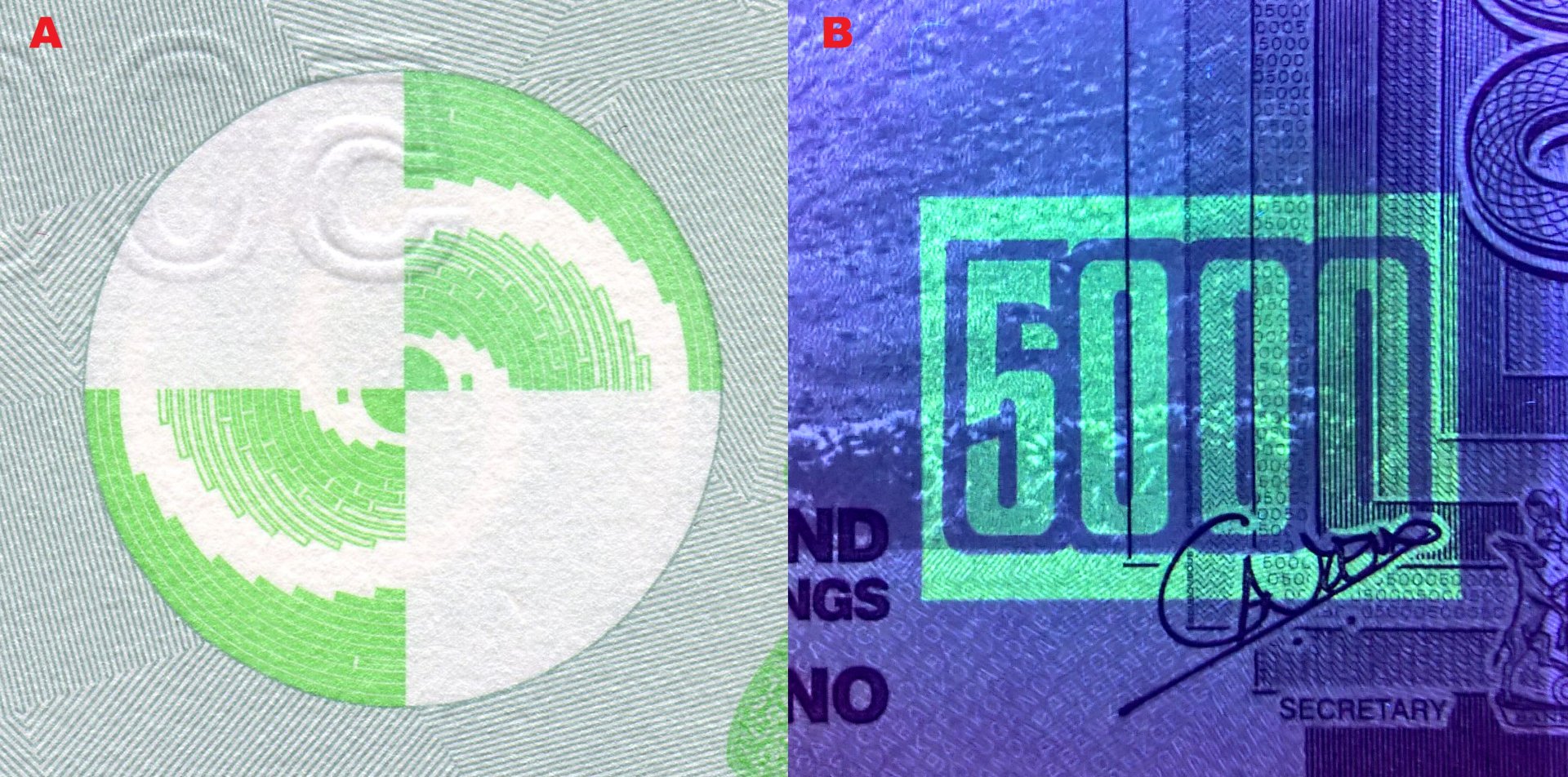 Obrázek 4 A) Soutisková značka ve tvaru tradičního košíkářského vzoru B) UV nominální pole na averzu bankovky
