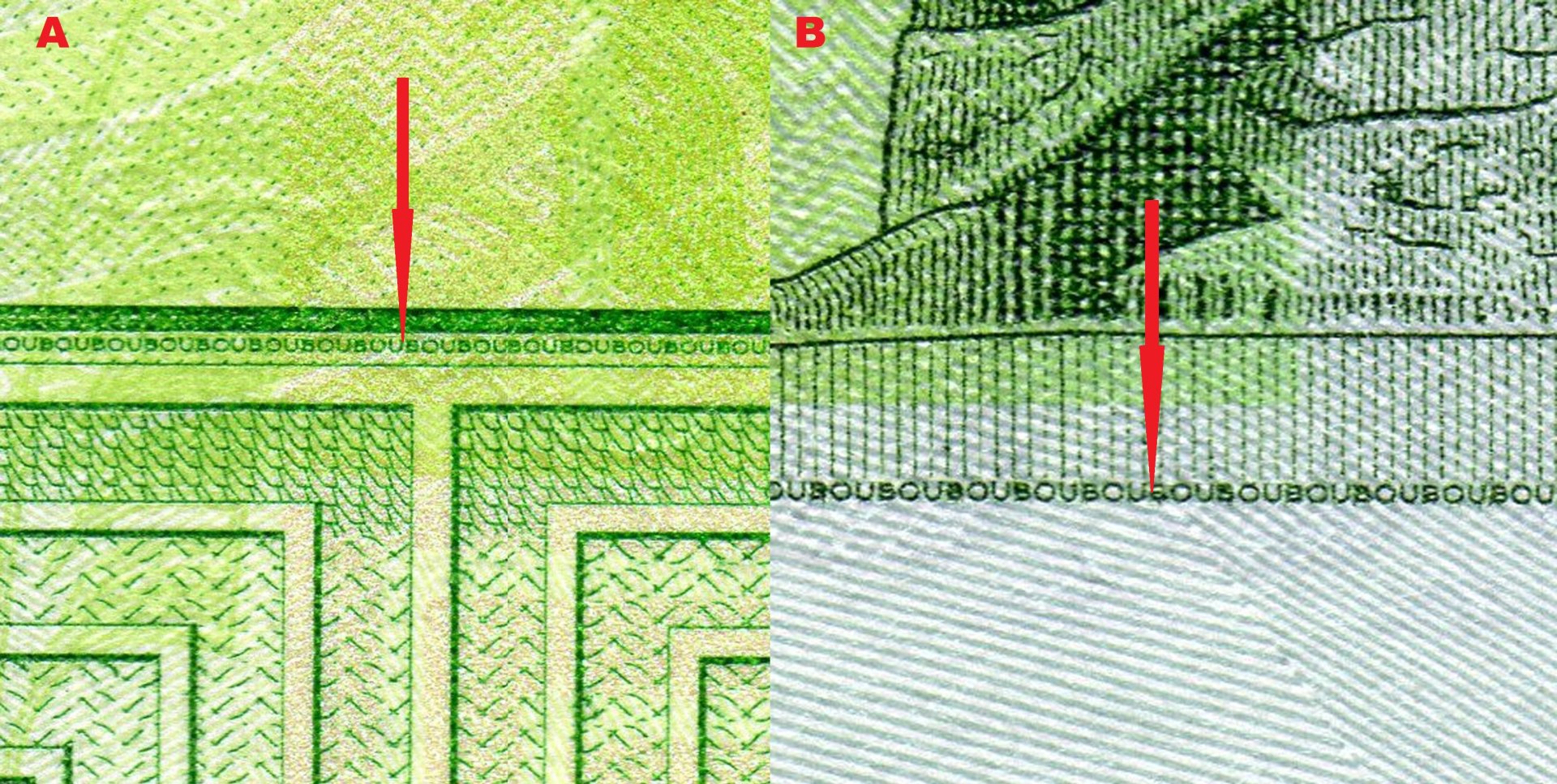 Obrázek 6 A) Řádek pozitivního mikropísma podél jižní hranice mapy Ugandy (červená šipka) B) Řádek pozitivního mikropísma souběžně s podstavcem sochy "Památníku nezávislosti Ugandy"