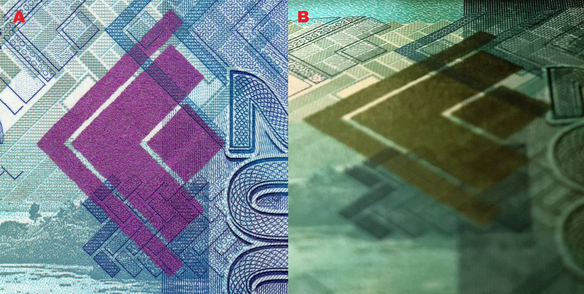 Obrázek 3 A) Pole vytvořené technologií OVI při kolmém pozorování B) Při pozorování pod úhlem 45° je zachycena změna barvy pole z fialové na tmavě zelenou.