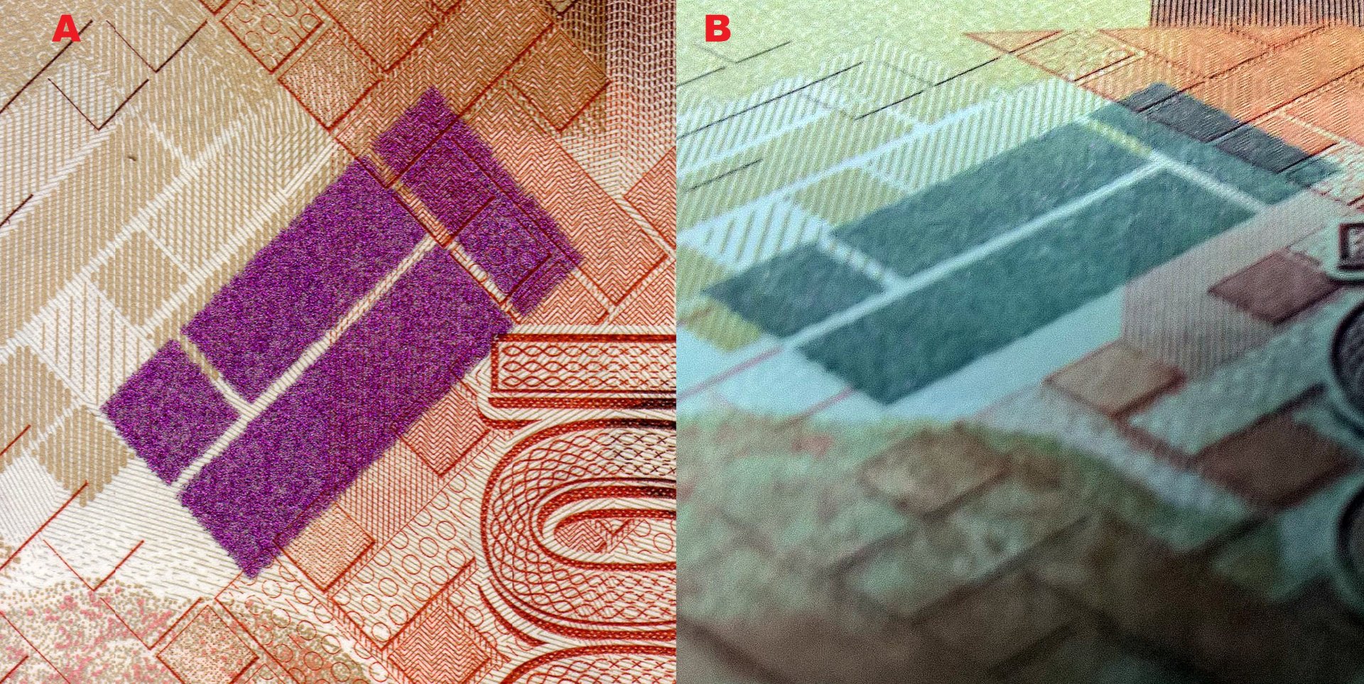 Obrázek 3 A) Pole vytvořené technologií OVI při kolmém pozorování B) Při pozorování pod úhlem 45° je zachycena změna barvy z fialové na tmavě zelenou.