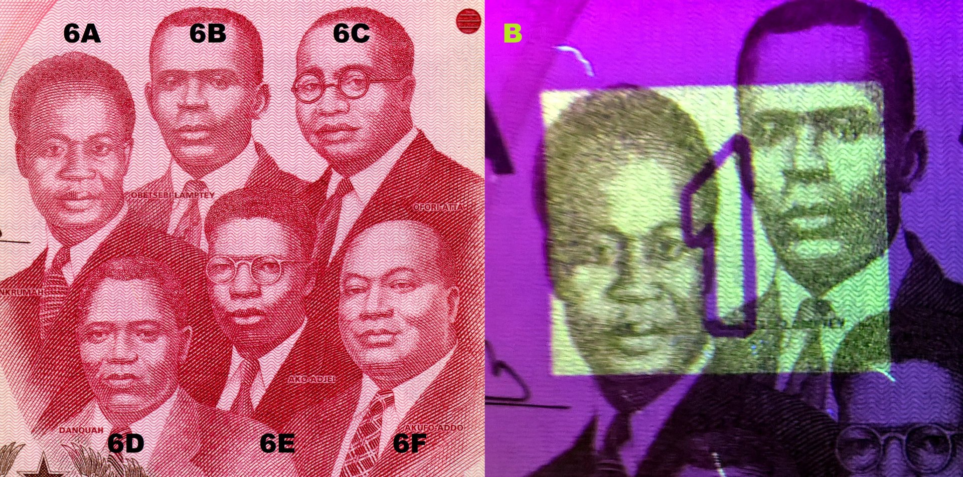 2. A) „Big Six“ (A1) Kwame Nkrumah, A2) Emmanuel Obetsebi-Lamptey, A3) William Ofori Atta, A4) Joseph Boakye Danquah, A5) Ebenezer Ako-Adjei a A6) Edward Akufo-Addo B) UV pozitivní obdélníkové pole s nominálem, difuzně jsou patrna UV pozitivní vlákna.
