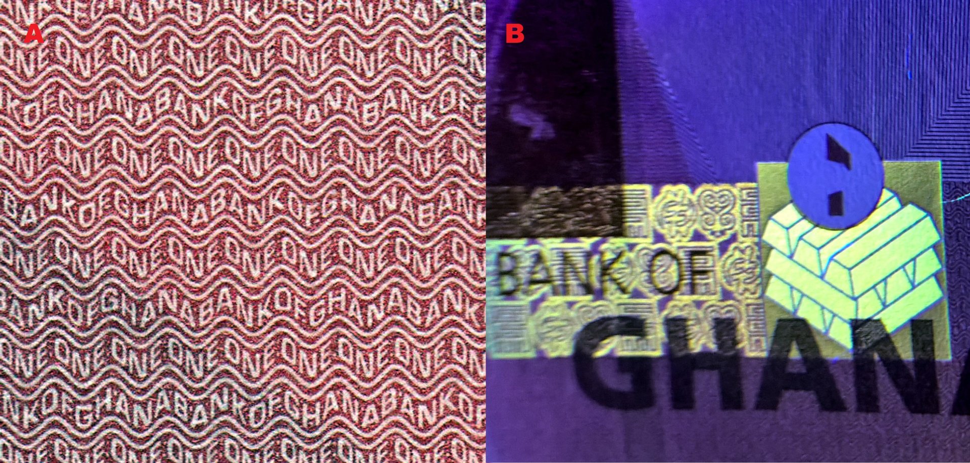 5. A) Podkladové zvlněné negativní mikropísmo „ONE a „BANKOFGHANA“ B) UV pozitivní pole s pruhem symbolů adinkra a nákresem 9 cihel zlata.