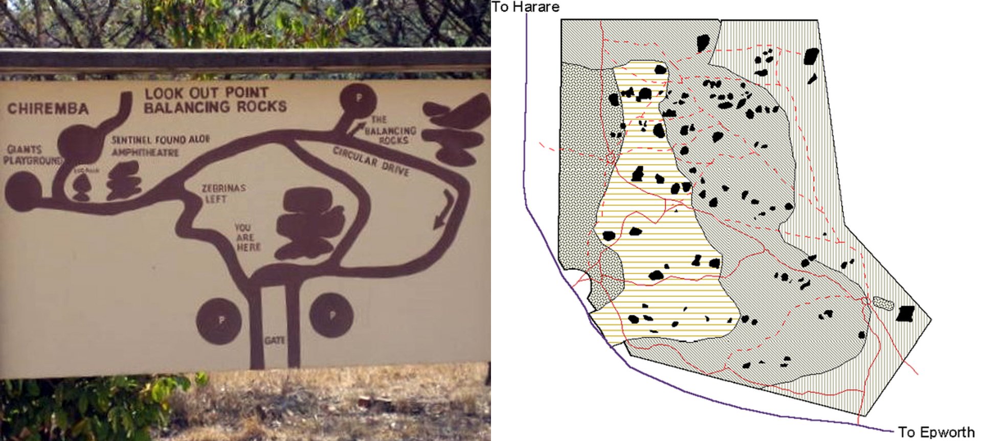 Obr. 2 A) Jednoduchá orientační mapka lokality Chiremba. Převzato z: http://www.mxlegal.com /zimbabwe-2007 B) Podrobná mapka lokality s vyznačením všech skalních formací. Převzato z: https://www.researchgate.net/figure/Vegetation-types-of-Chiremba-balanci