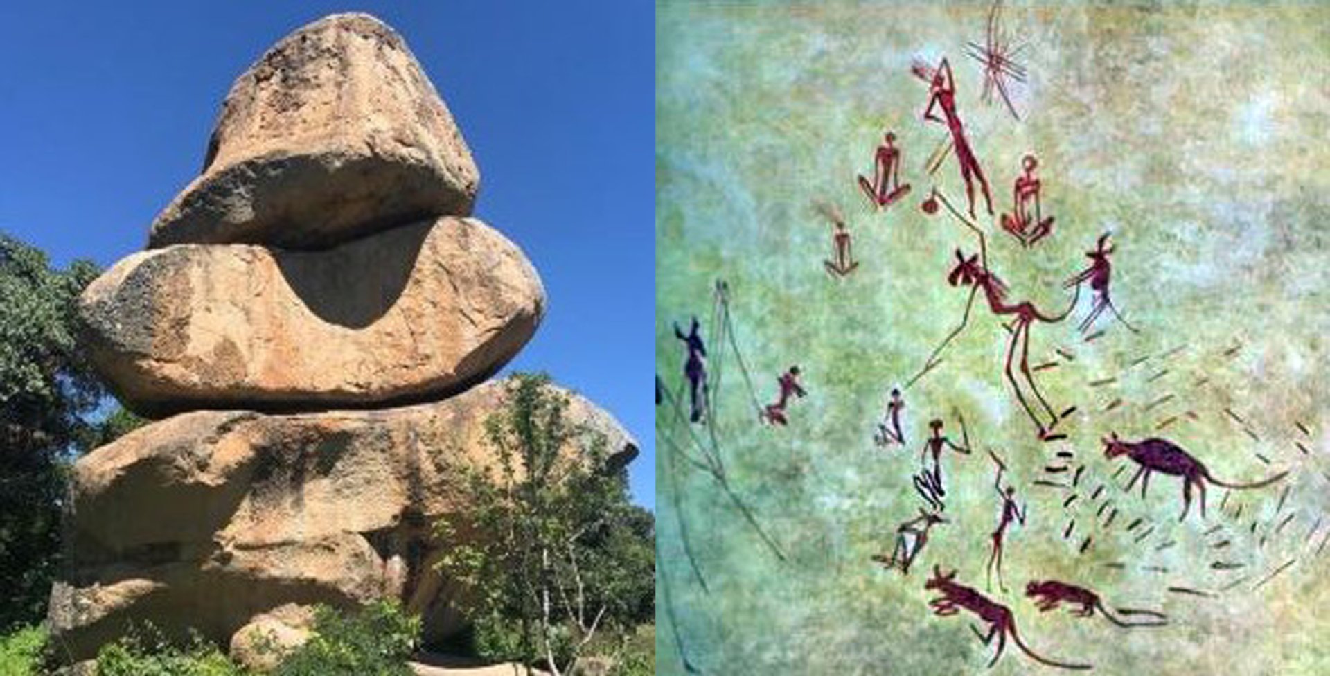 Obr. 3 A) Jeden z pohledů na "Domboremari". Převzato z: https://www.trip.com/travel-guide/harare-1255/photo/7093401/ B) Petroglyfy na granitových stěnách „Ďáblovy skály“ lokality Chiremba. Převzato z: http://zimfieldguide.com/harare/chiremba-epworth-balan