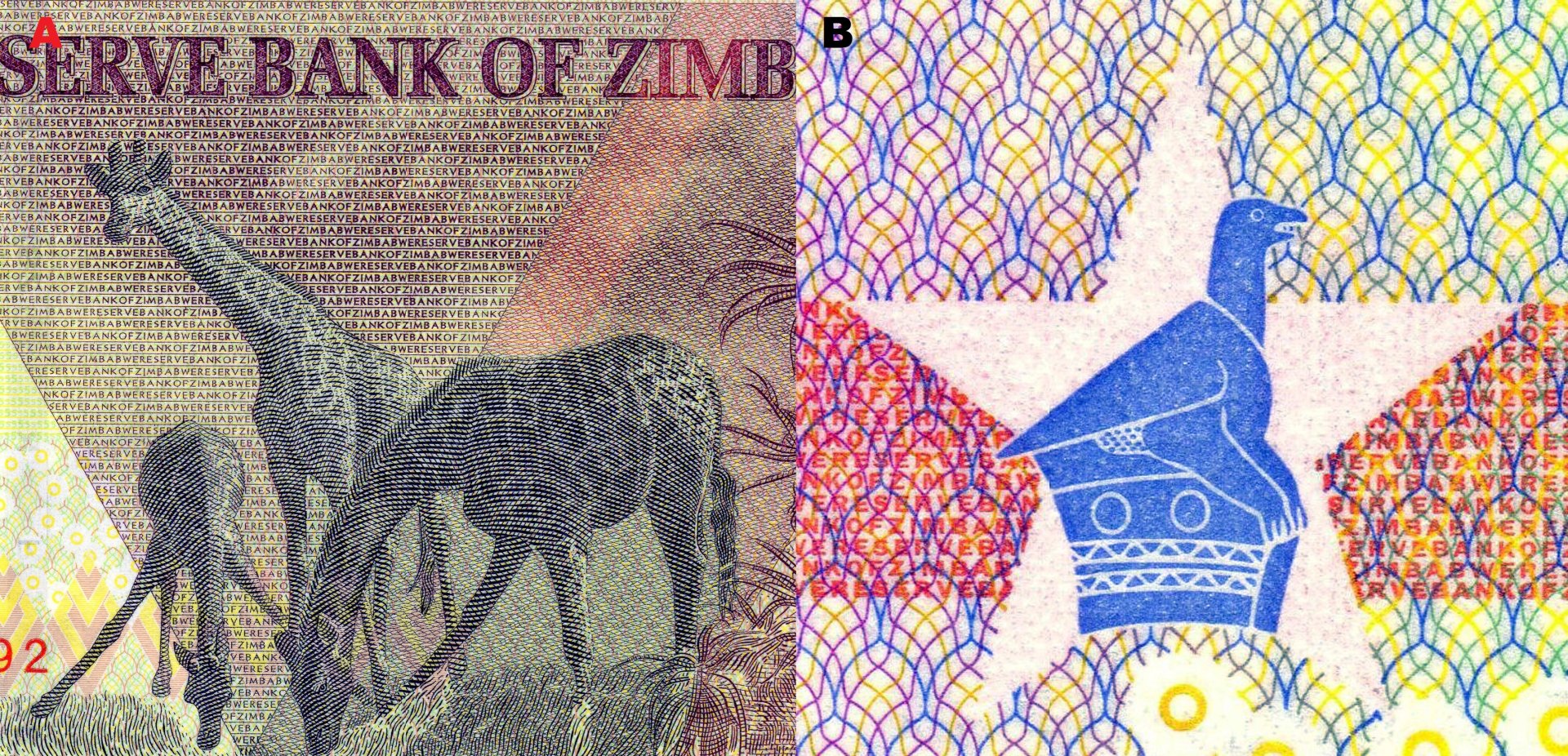 5. A) Hlavní motiv reverzu jsou tři jedinci žirafy masajské (Giraffa tippelskirchi). B) Soutisková značka ve tvaru hvězdy s vloženým obrazem kamenného ptáka Zimbabwe.
