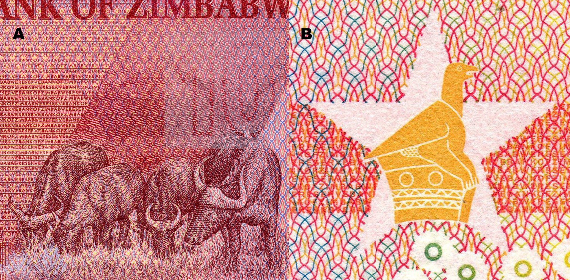 6. A) Hlavní motiv reverzu jsou čtyři jedinci buvola kaferského (Syncerus caffer). B) Soutisková značka ve tvaru hvězdy s vloženým obrazem „kamenného ptáka Zimbabwe“.