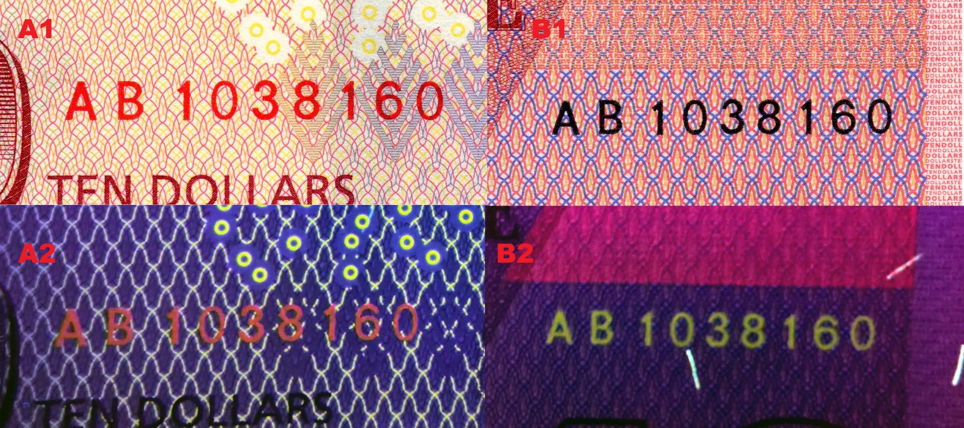 Obr. 7 A1) Sériové číslo vlevo dole na reverzu bankovky P#103. A2) Totéž číslo pod UV zářením. B1) Sériové číslo vpravo nahoře na reverzu bankovky P#103. B2) Totéž číslo pod UV zářením.