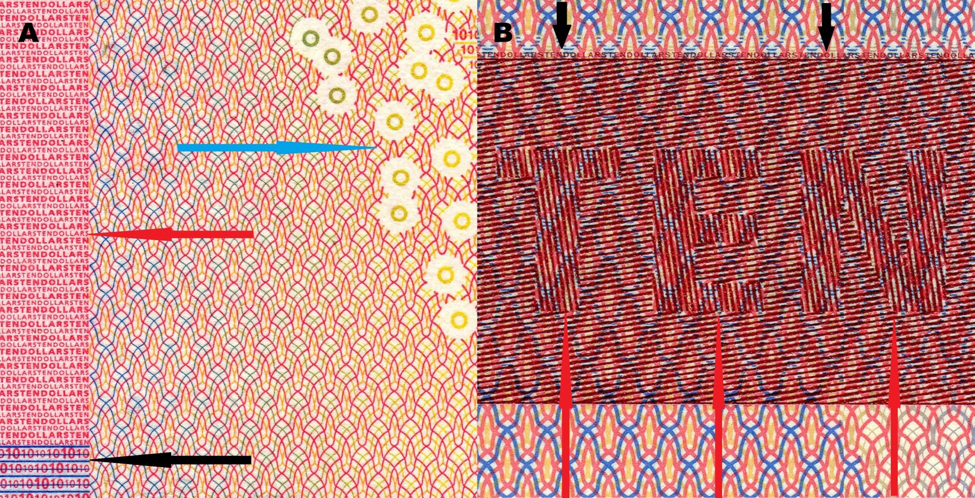 Obr. 2 A) Detail pozitivního mikropísma (červená šipka) a nominálu (černá šipka) na kraji bankovky a omron kroužky (modrá šipka).  B) Pole s latentním opisem "TEN" (červené šipky) a řádek mikropísma (černé šipky).