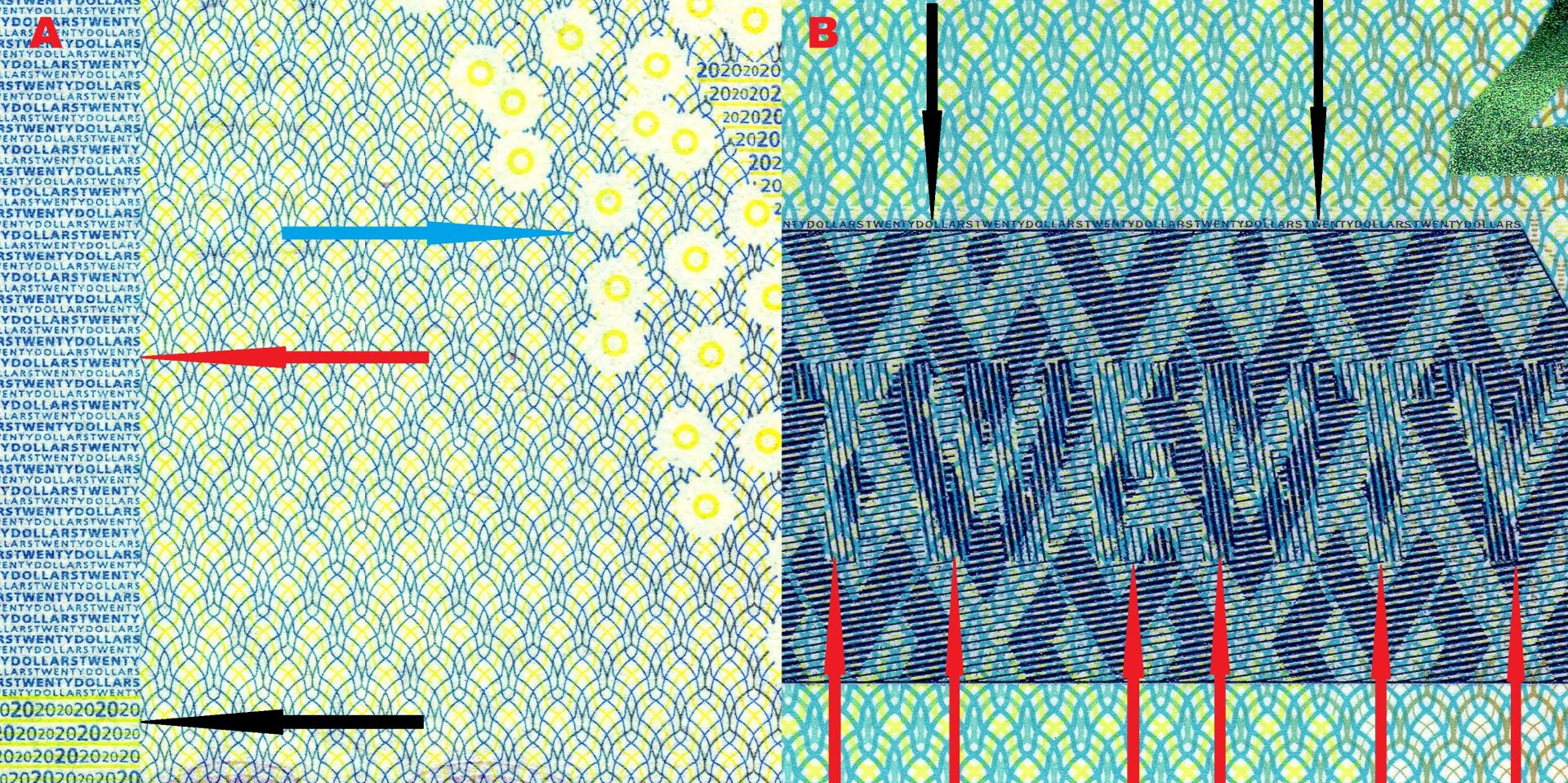 Obr. 2 A) Detail pozitivního mikropísma (červená šipka) a nominálu (černá šipka) na kraji bankovky a omron kroužky (modrá šipka).  B) Pole s latentním opisem "TWENTY" (červené šipky) a řádek mikropísma (černé šipky).