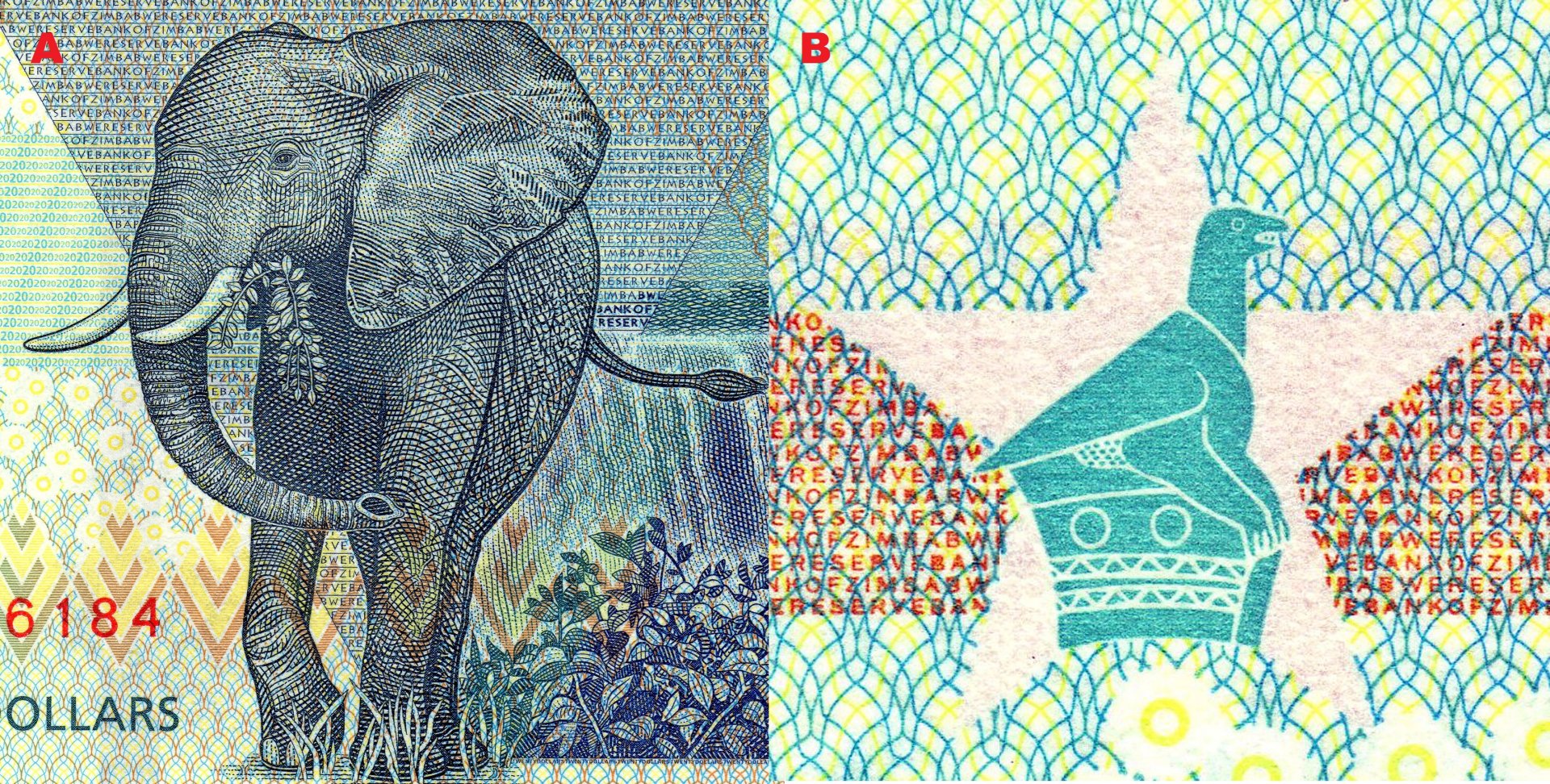 6. A) Hlavním motivem reverzu je jedinec slona afrického (Loxodonta africana). B) Soutisková značka ve tvaru hvězdy s vloženým obrazem „kamenného ptáka Zimbabwe“.