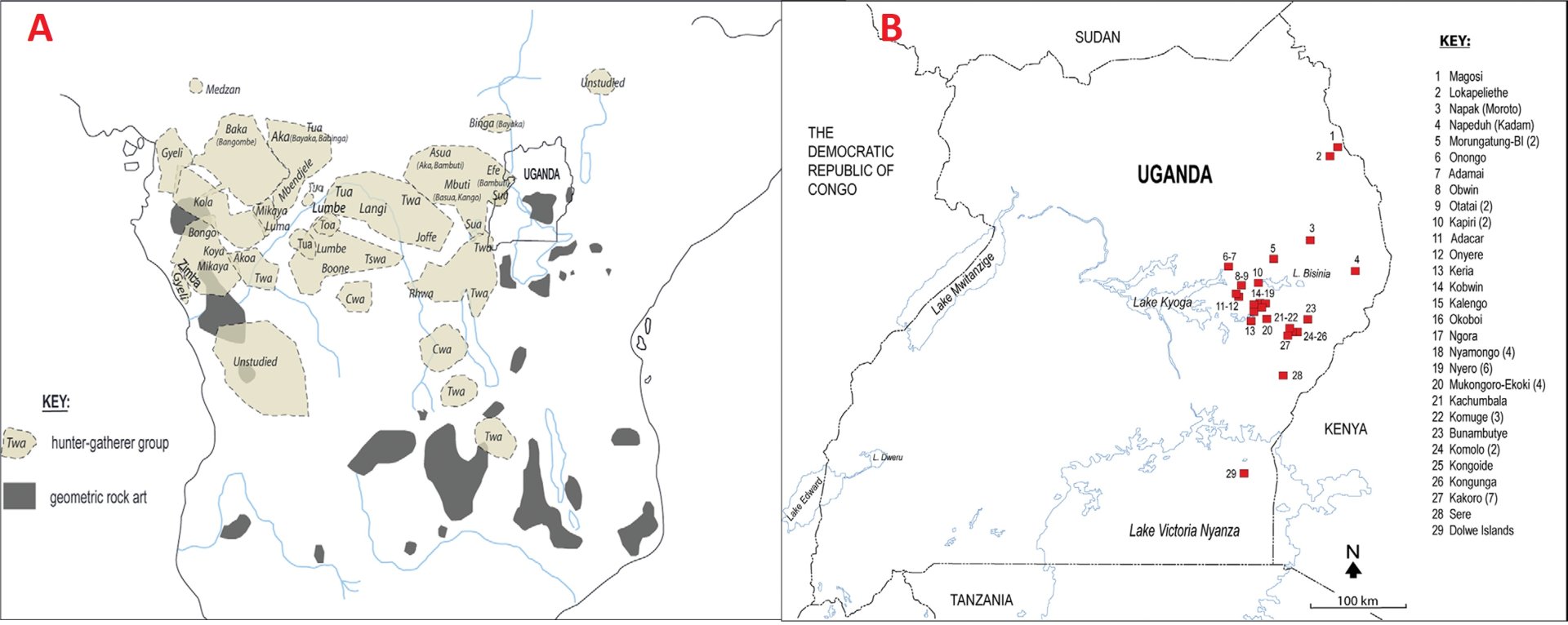 Obr. 2. A) Mapa s lokalitami osídlení lovecko-sběračských skupin Twa ve střední a východní Africe (světlá pole) a lokality zdokumentovaného geometrického skalního umění (tmavá pole).  B) Mapa zdokumentovaných lokalit s nálezem petroglyfů v Ugandě, celkem 