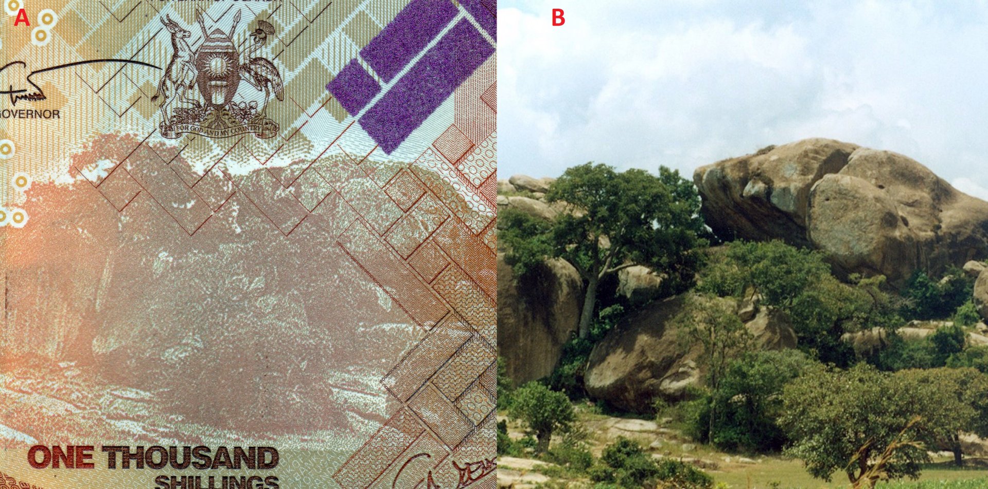 Obr. 3. Pohled na lokalitu Nyero rock na averzu bankovky P49. B) Velmi podobná fotografie zachycující toto stanoviště. Převzato z: http://uganda21.blogspot.com/2009/06/ok.html, Autor: Y.Jondeau