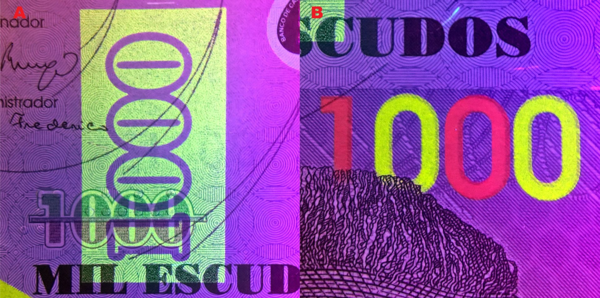 5. A) Nominální UV pozitivní pole na averzu bankovky. B) UV pozitivní nominál "1000" s dvojbarvenou změnou kolorizace