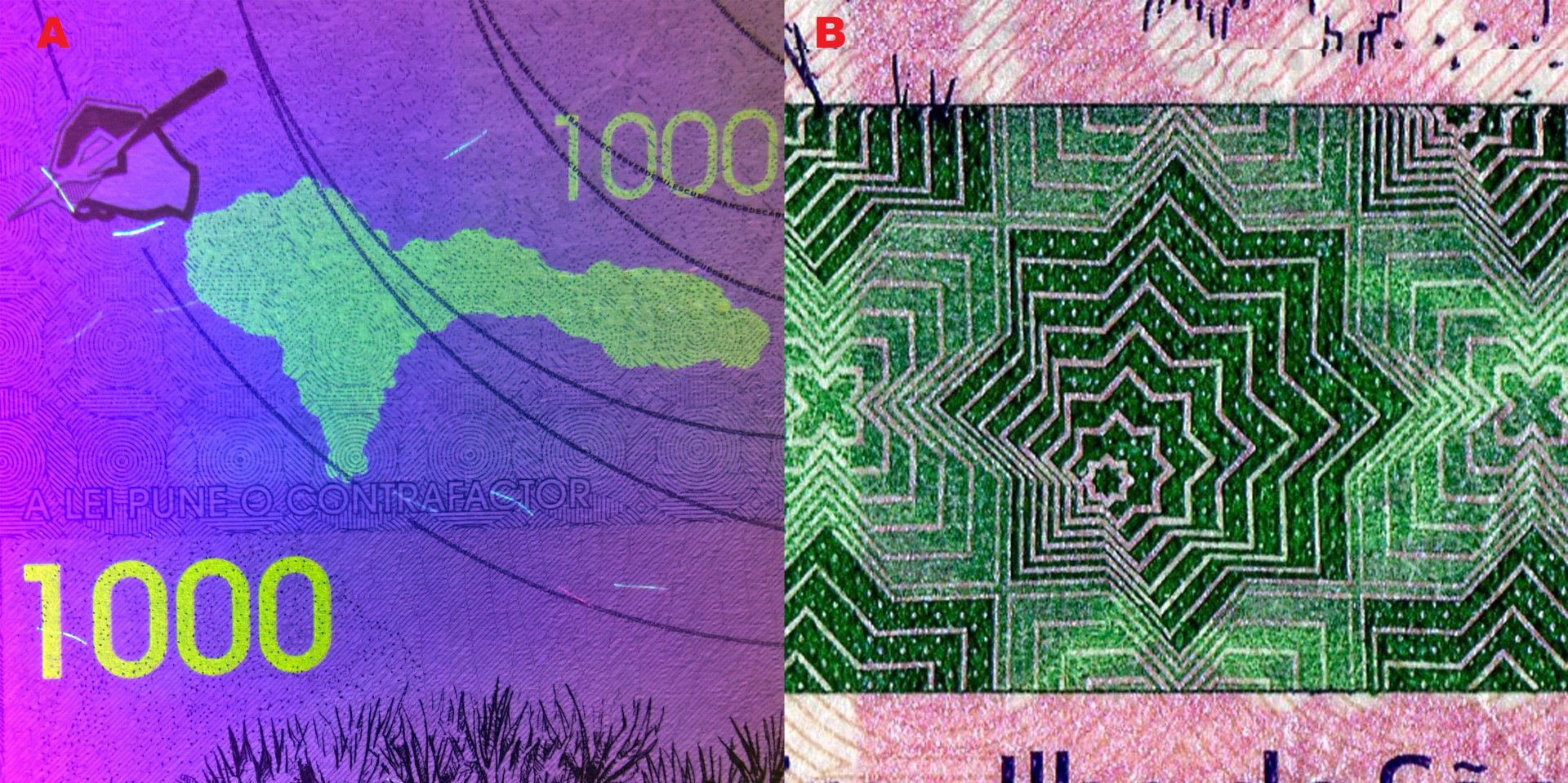 Obr. 6. A) UV pozitivní pole ve tvaru mapy ostrova Sao Nicolau a nominálu "1000". B) Detail ornamentu na horizontálním pruhu.