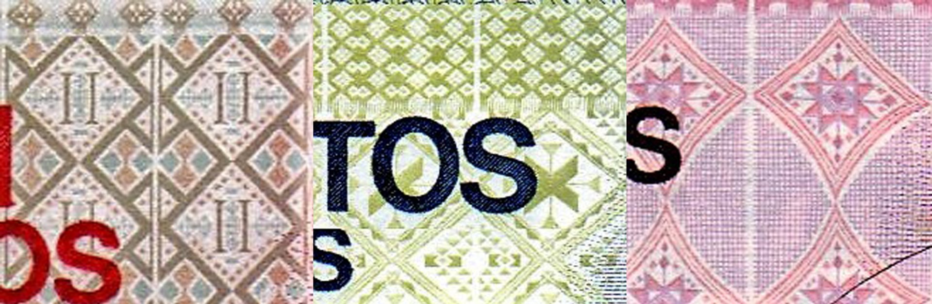 2. Detaily tradičních vzorů rukodělné textilie "panú di tera" z ostrova Santiago. A) Bankovka P#54  B) Bankovka P#55 C) Bankovka P#56
