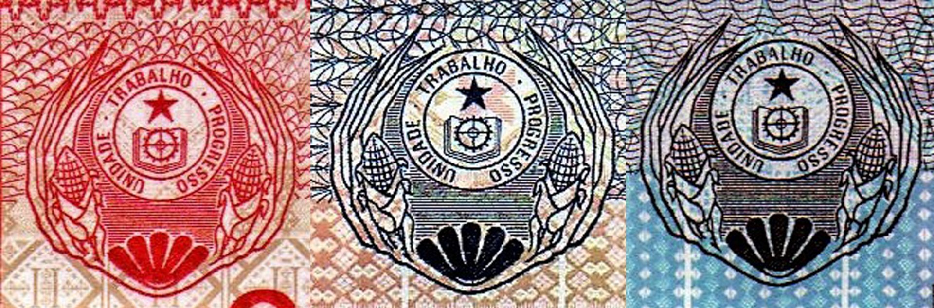 Obr. 3. Státní znak republiky Cabo Verde používaný v období od 05.07.1975 do 22.09.1992 ve variantě s červeným diskem. A) Bankovka P#54 B) Bankovka P#55 C) Bankovka P#56