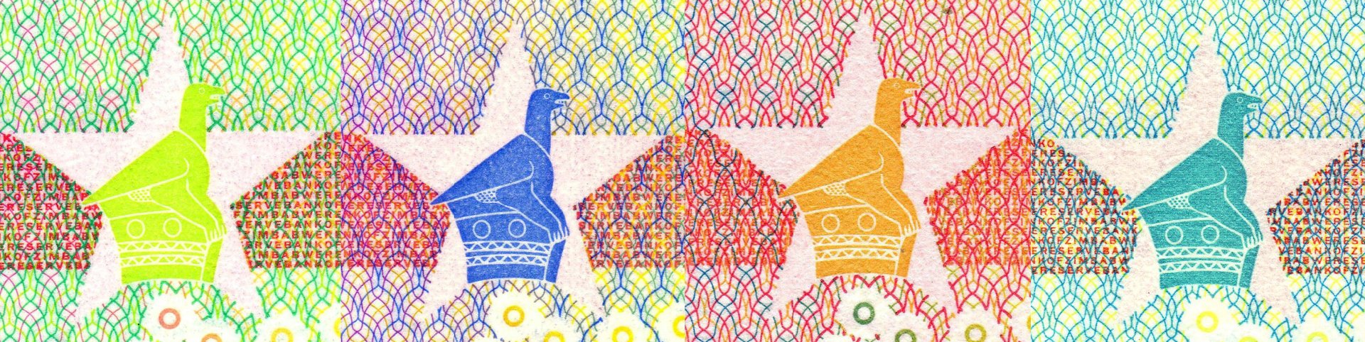 Obr. 3) Soutiskové značky na reverzu bankovek Zimbabwe (hvězda a "pták Zimbabwe"), emise 2019-2020
