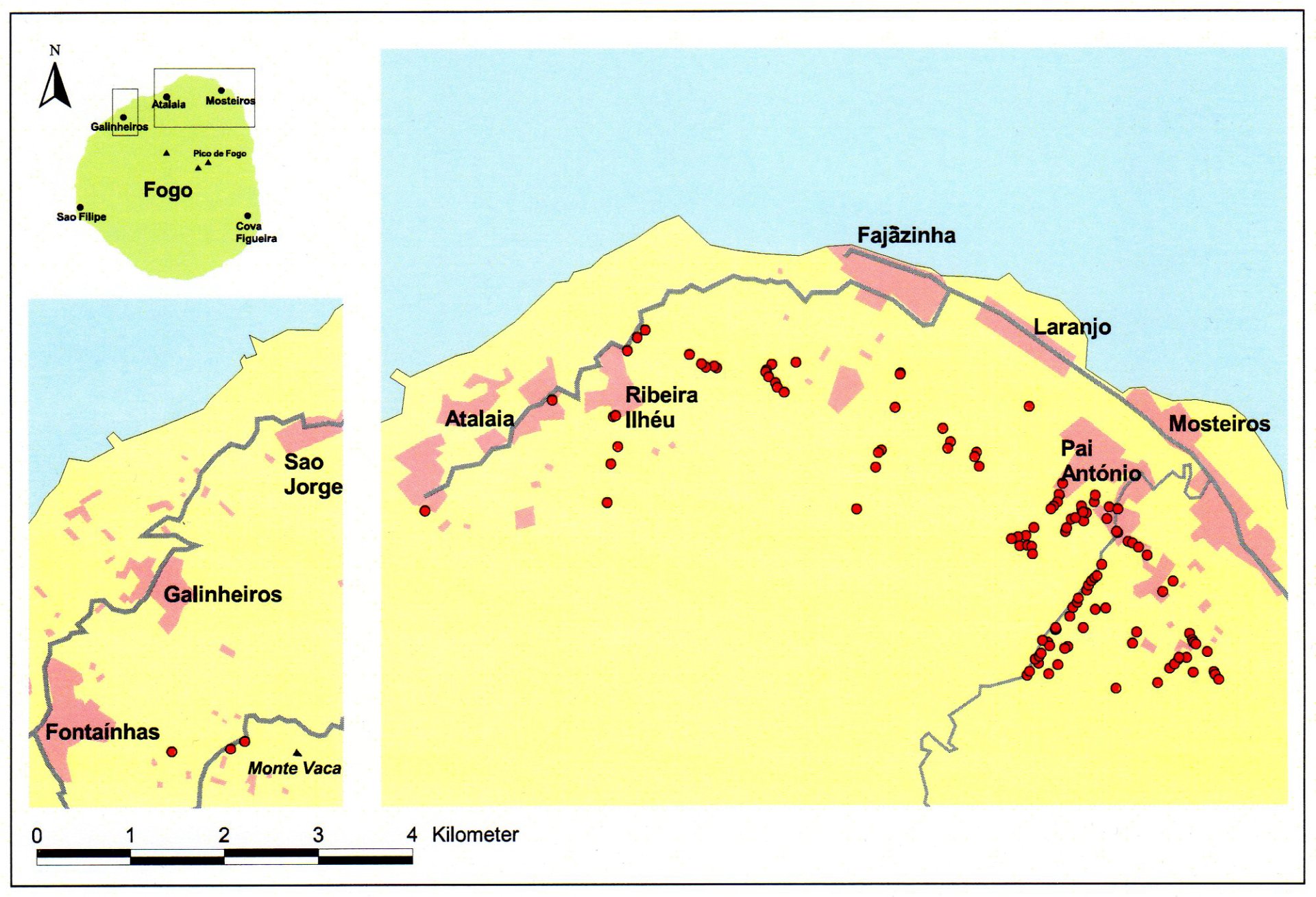 Obr. 3. Mapa stanovišť rákosníka kapverdského na ostrově Fogo. Převzato z: Hering, J., Fuchs, E.: The Cape Verde Warbler on Fogo. 2009