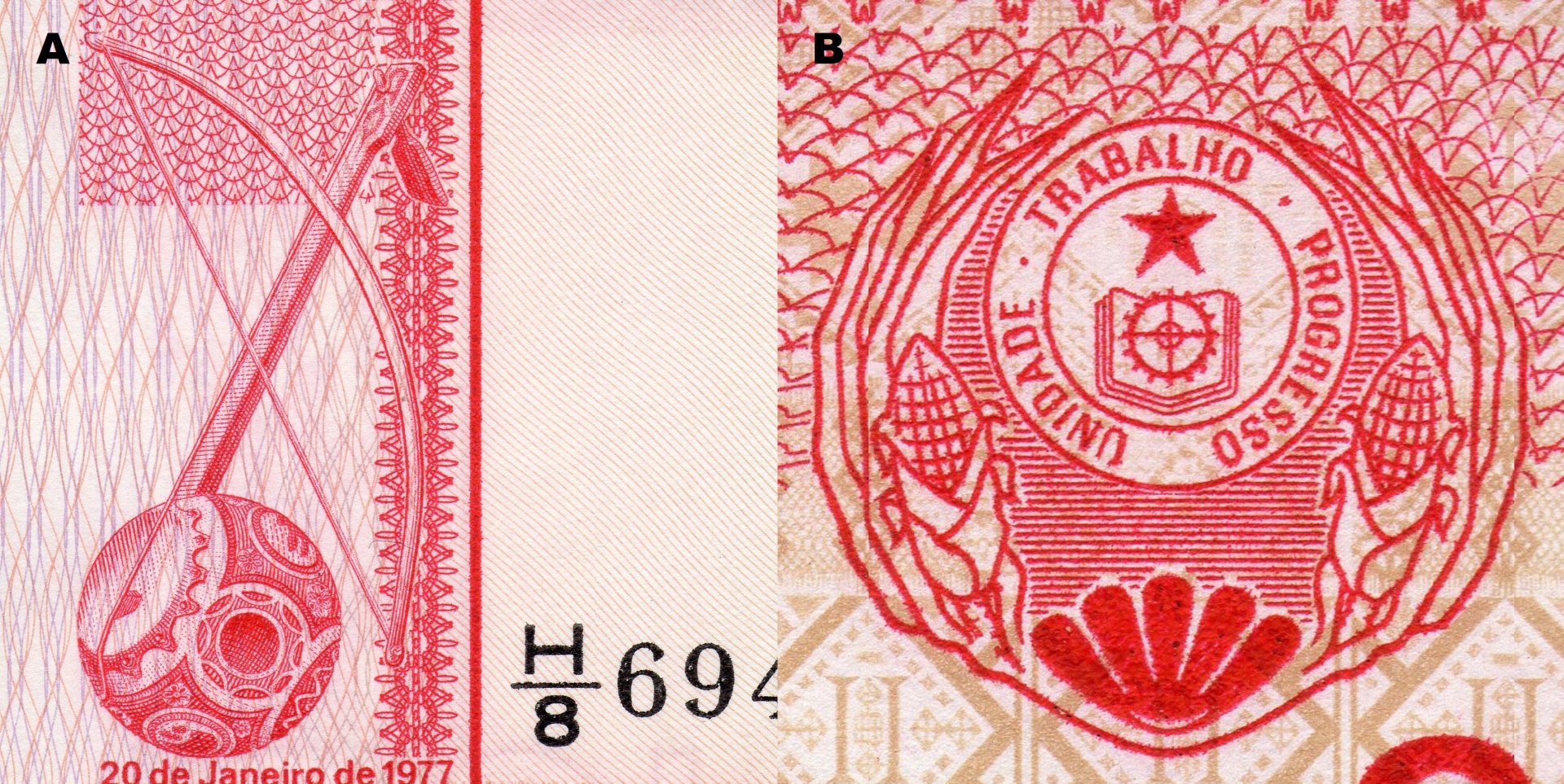 Obr. 1. A) Detail lidového strunného nástroje "cimboa". B) Státní znak Cabo Verde z roku 1975.