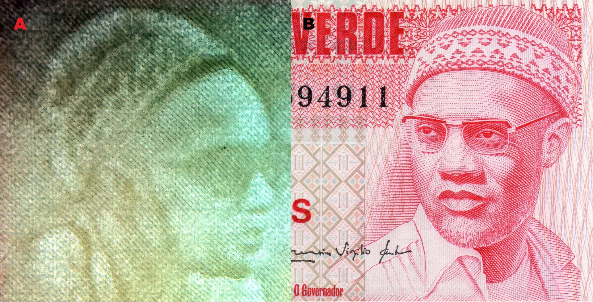 Obr. 3. A) Nesouhlasný portrétový vodoznak - Amílcar Cabral. B) Ústřední motiv averzu bankovky - Amílcar Cabral.