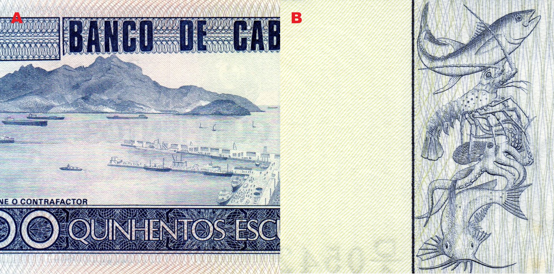 Obr. 4. A) Ústřední motiv reverzu bankovky P#55 - pohled na přístav „Grand Harbour“ v zátoce Porto Grande v Mindelo na ostrově São Vicente. B) Kompilace čtyř představitelů mořské fauny: tuňák, langusta, chobotnice a sumeček.