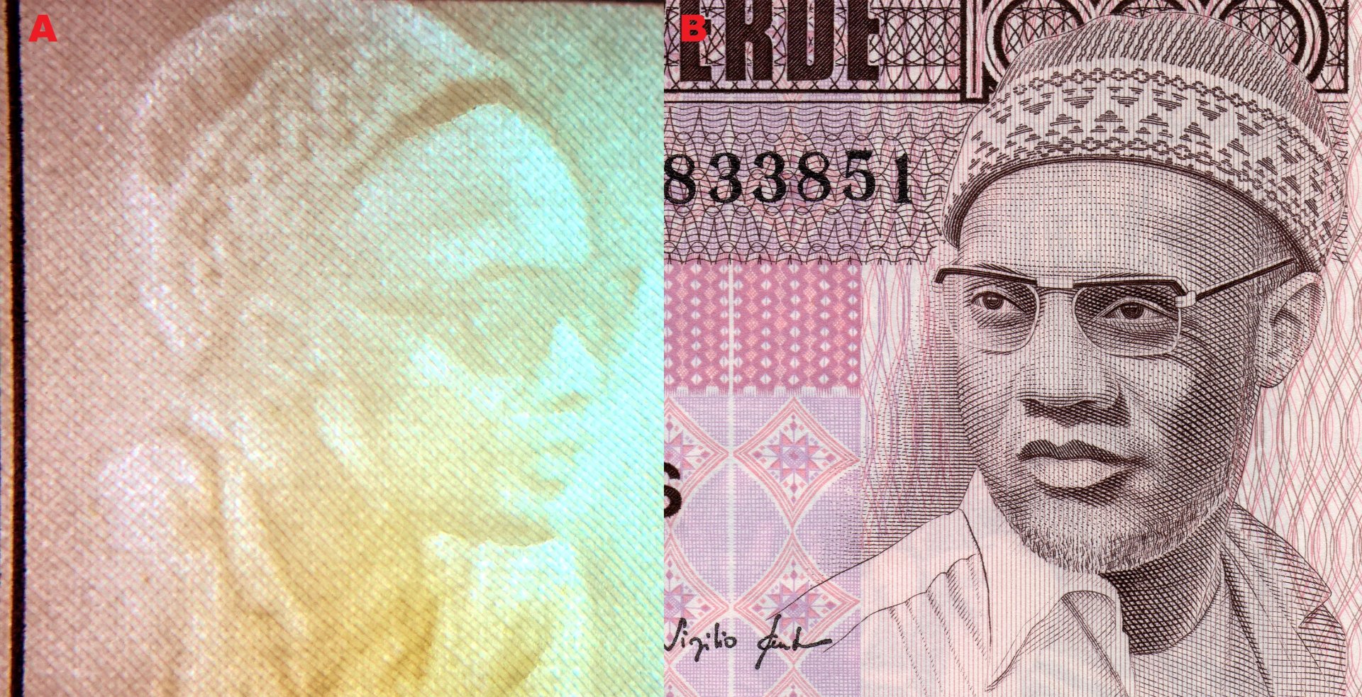 Obr. 3. A) Nesouhlasný portrétový vodoznak – Amílcar Cabral. B) Ústřední motiv averzu bankovky – Amílcar Cabral.