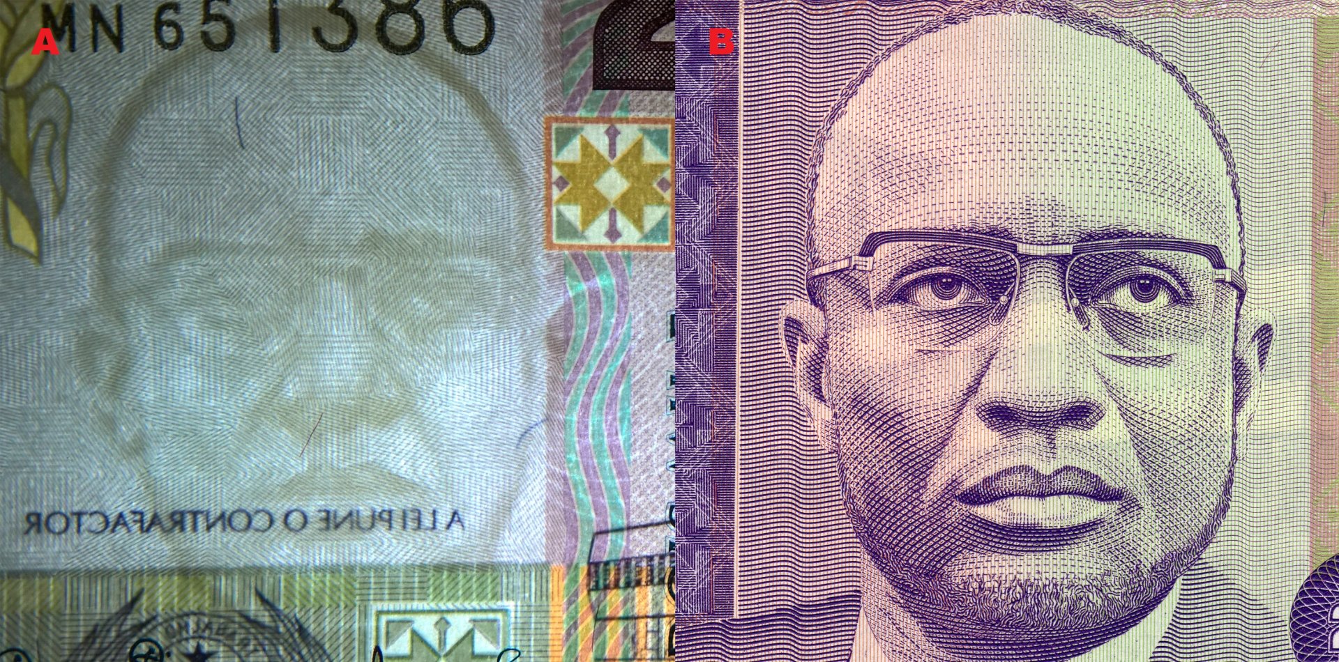 Obr. 2. A) Souhlasný tmavočarý vodotisk. B) portrét Amílcara Cabrala na bankovce P#61