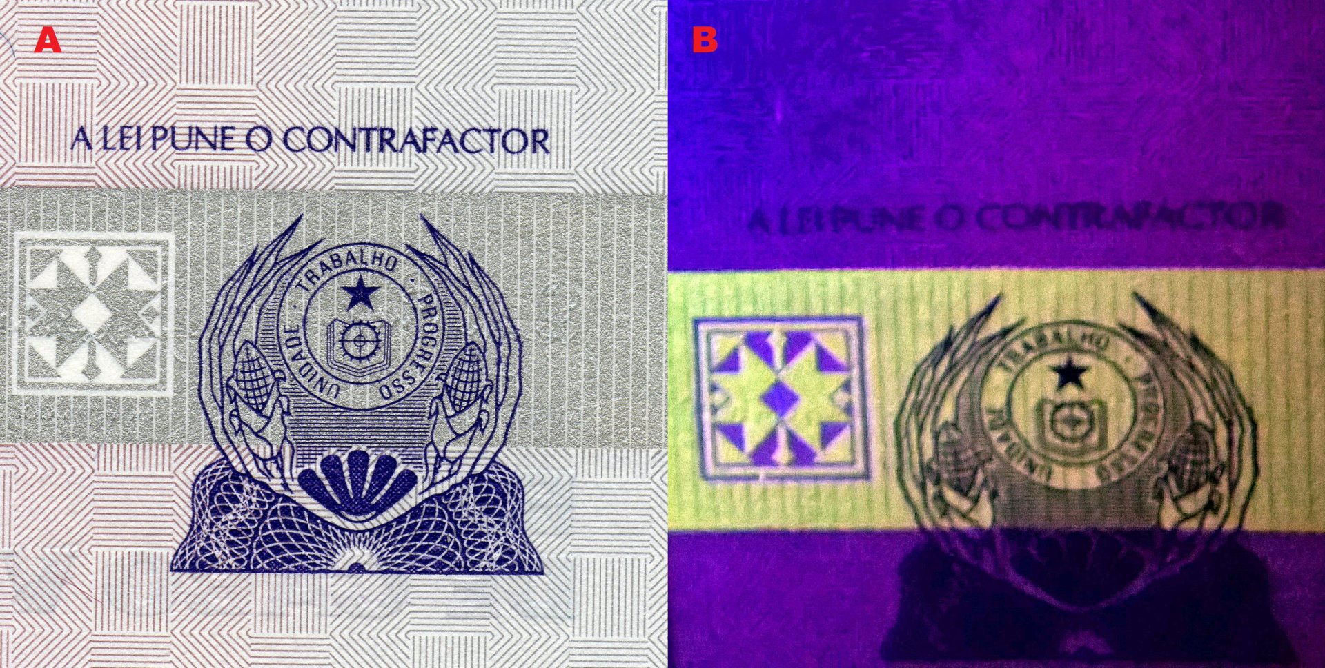 Obr. 5. A) Státní znak Cabo Verde z roku 1975. B) Tatáž lokalizace pod UV nasvícením