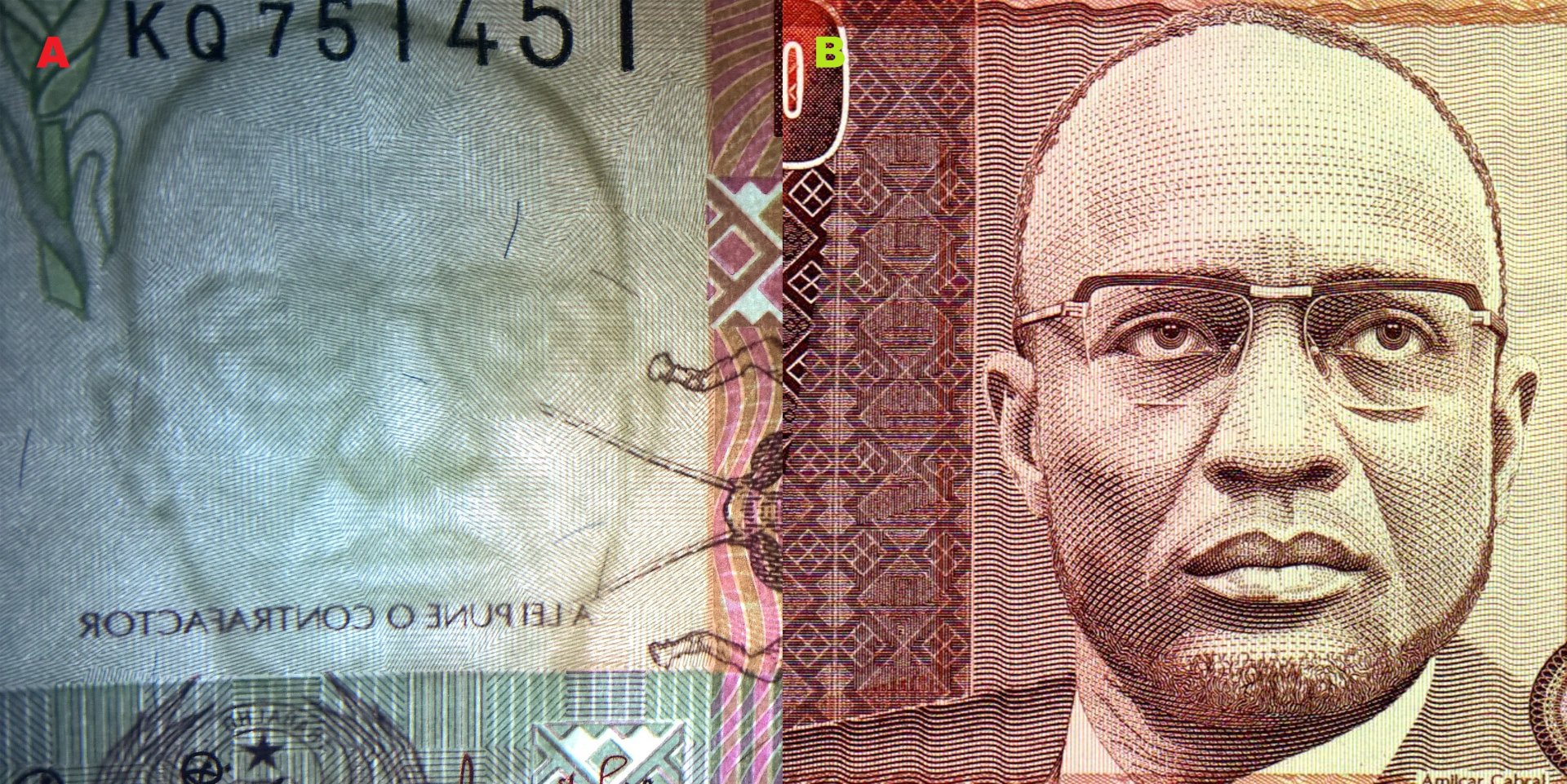 Obr. 2. A) Souhlasný tmavočarý vodotisk. B) portrét Amílcara Cabrala na bankovce P#60