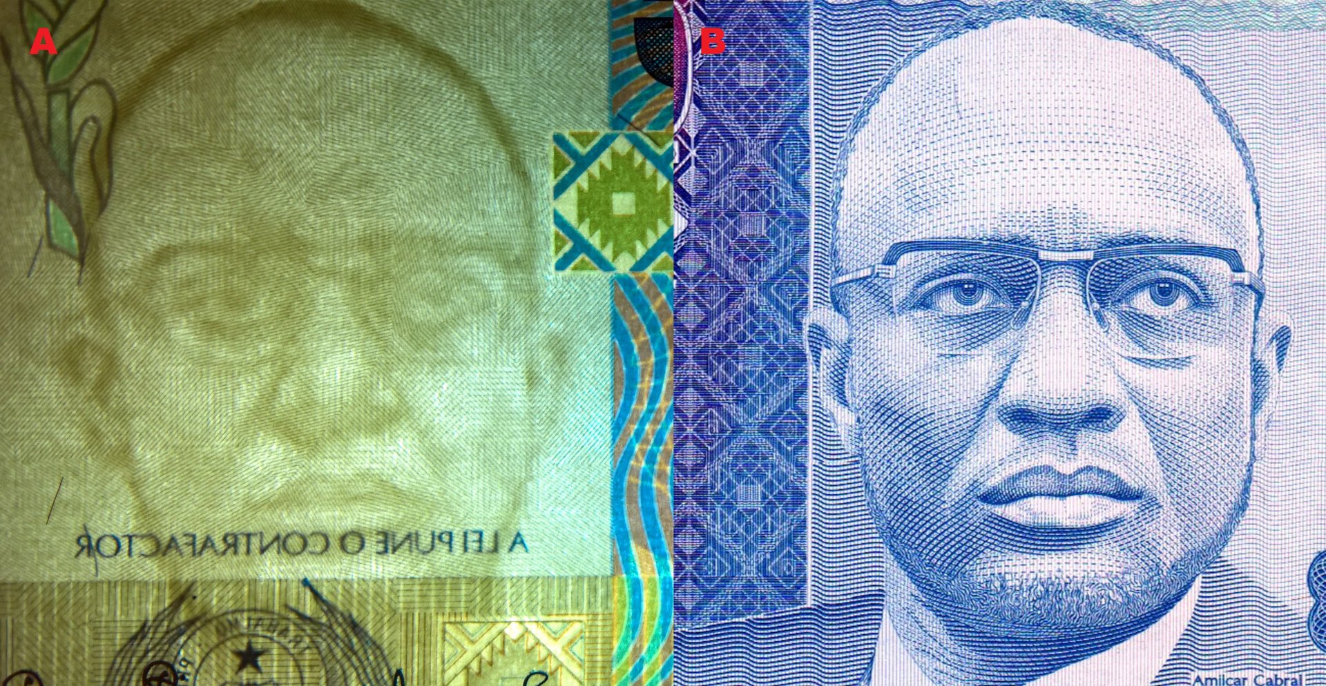 Obr. 2. A) Souhlasný tmavočarý vodotisk. B) portrét Amílcara Cabrala na bankovce P#59