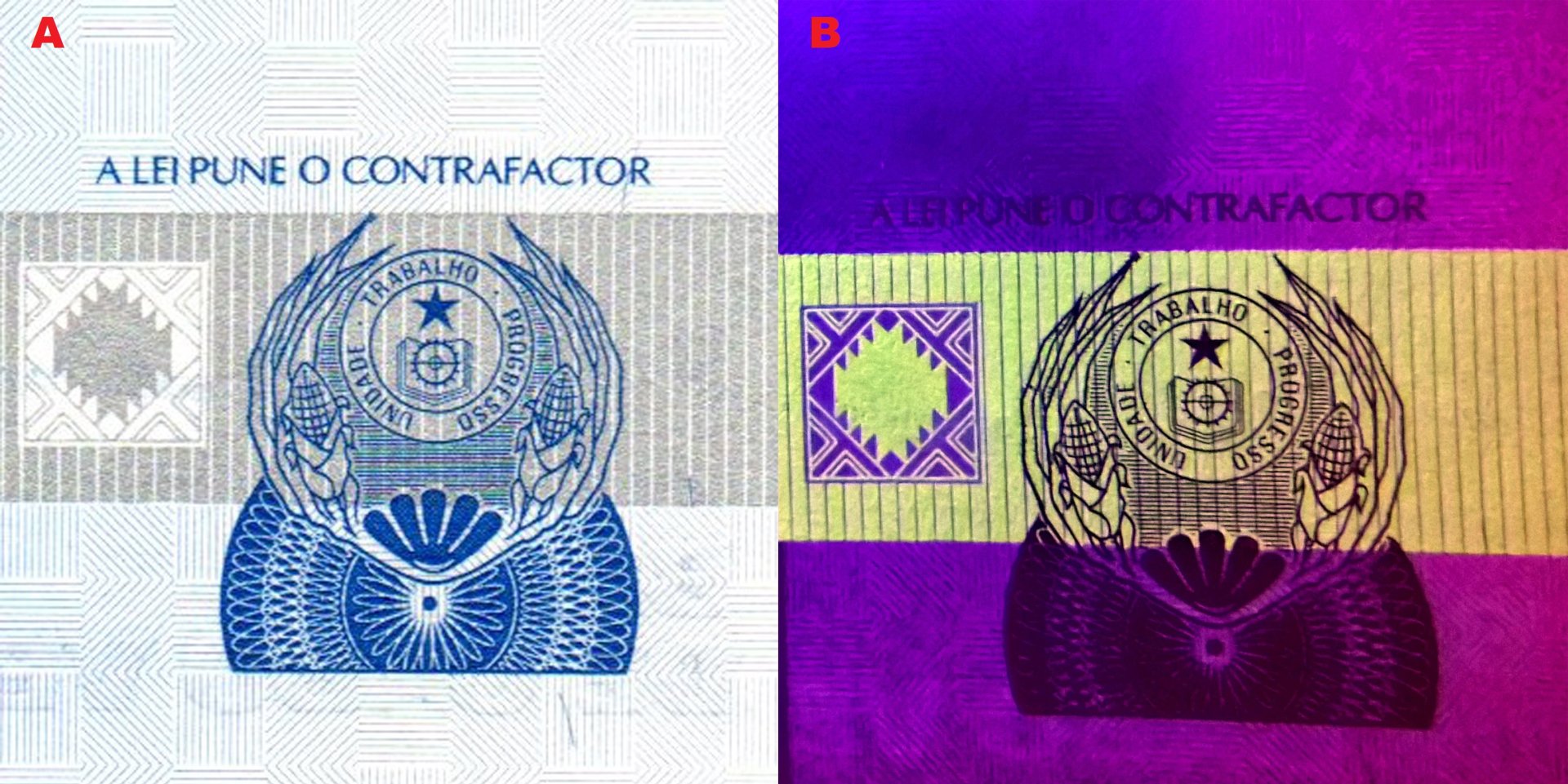 Obr. 5. A) Státní znak Cabo Verde z roku 1975. B) Tatáž lokalizace pod UV nasvícením