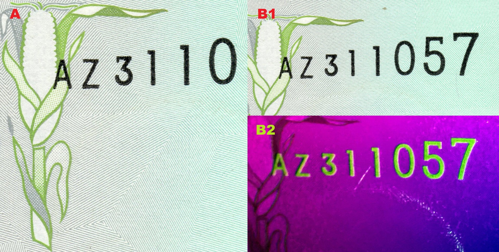 Obr. 1. A) Soutisková značka v podobě klasu kukuřice, v podkladu patrné kárování. B1) Ascendentní sériové číslo. B2) Totéž číslo pod UV nasvícením.