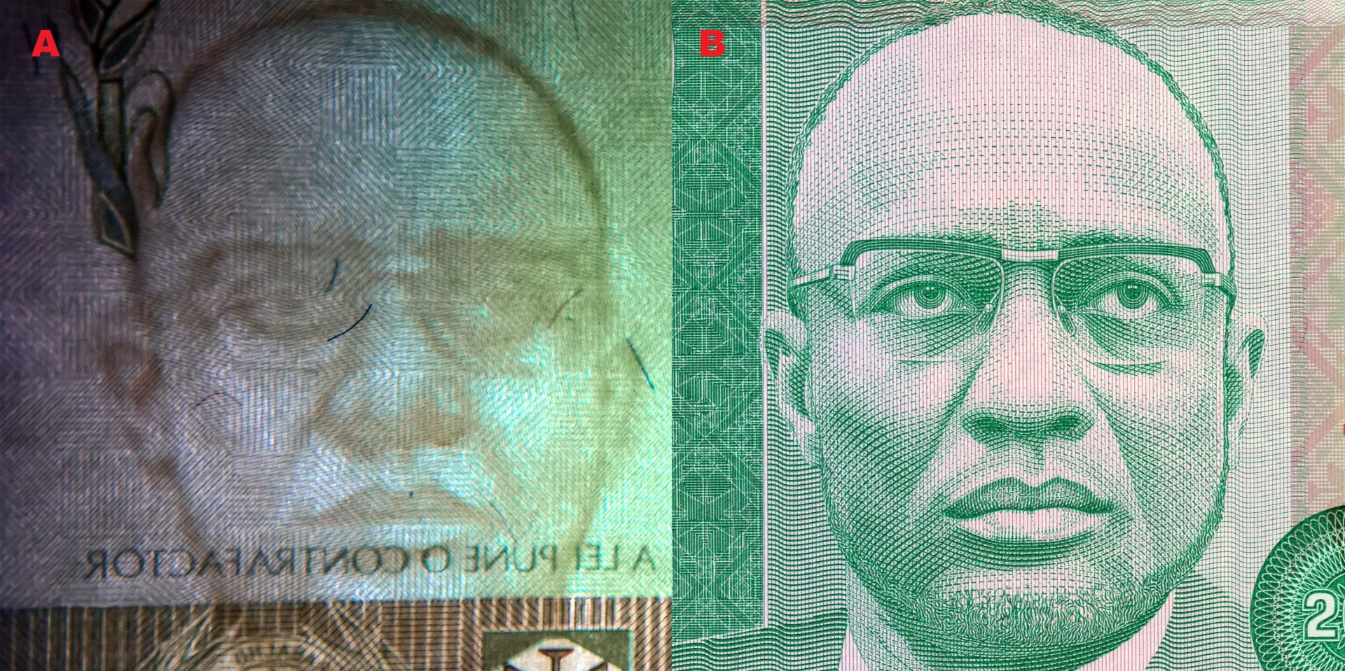 Obr. 2. A) Souhlasný tmavočarý vodotisk. B) portrét Amílcara Cabrala na bankovce P#58