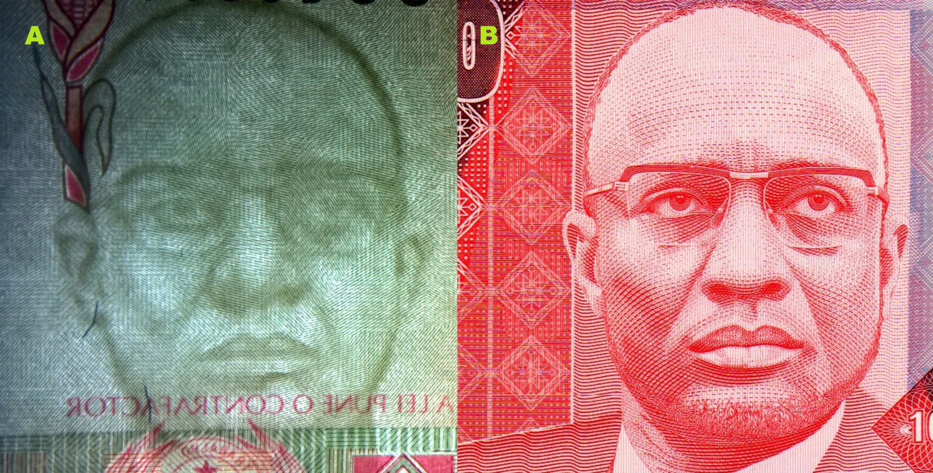 Obr. 2. A) Souhlasný tmavočarý vodotisk. B) portrét Amílcara Cabrala na bankovce P#57