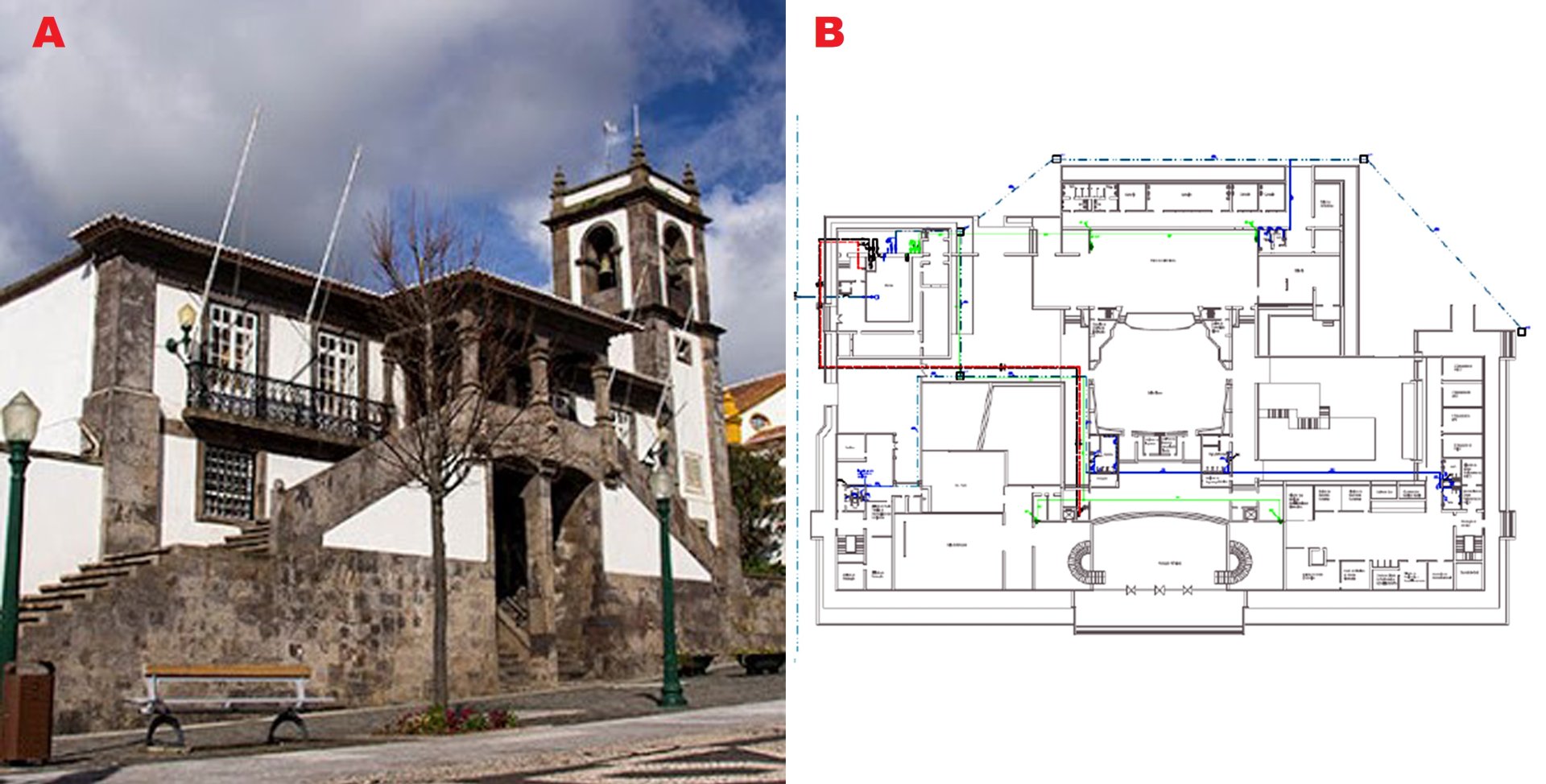 2. A) Budova radnice v Praia, místo ustanovení Národního shromáždění v roce 1975. Převzato z: https://praiaexpresso.com/2020/02/17/praia-da-vitoria-camara-paga-indeminizacao-de-50-mil-euros/. Autor: ND. B) Plán přízemí budoucího Paláce Národního shromáždě
