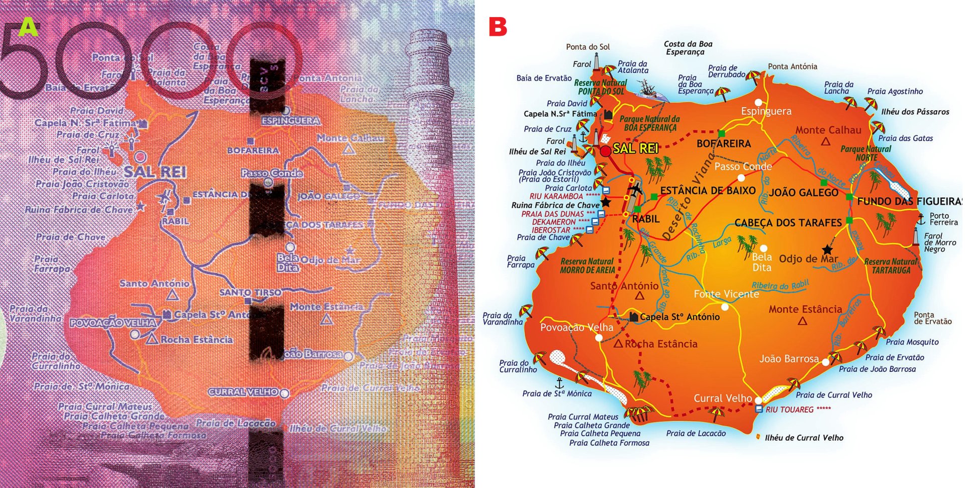 Obr. 1. A) Mapa ostrova Boa Vista-výřez z reverzu bankovky P#75   B) Podobná mapa ostrova Boa Vista. Převzato z: http://morabitur.com/eng/The-Islands/Boavista/Images