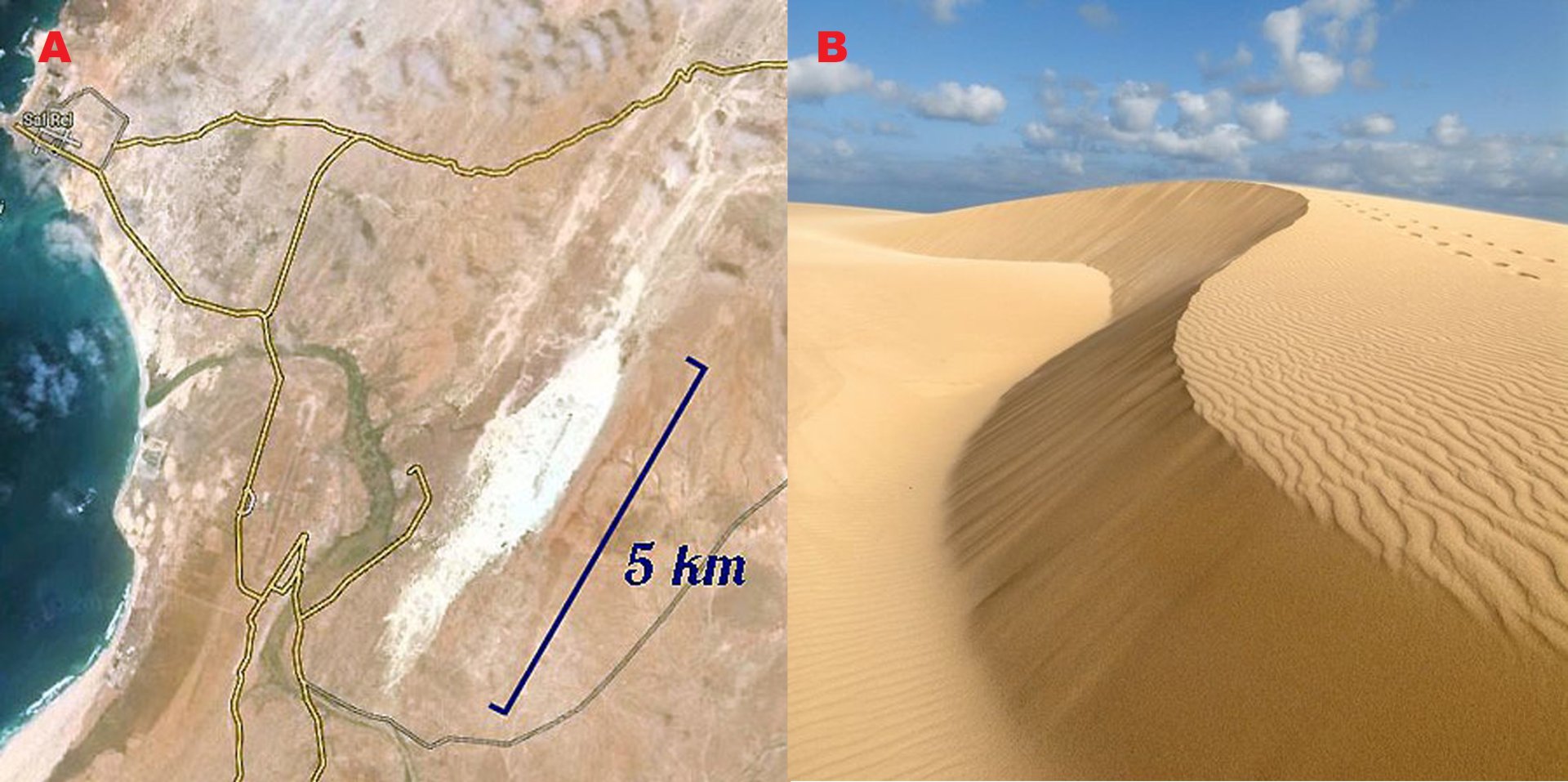 Obr. 4. A) Satelitní snímek pouště Viana s měřítkem. Převzato z: https://alchetron.com/Deserto-de-Viana# deserto-de-viana-b018cfd0-7cdd-44ea-ab3f-82607940541-resize-750.jpeg B) Písečné duny na „Praia de Chave“. Autor: ND. Převzato z: https://www.capeverd